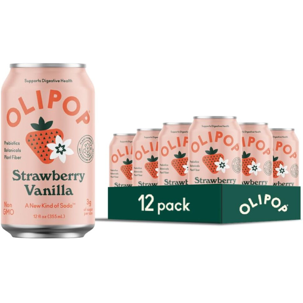 Olipop Prebiotic Soda Pop, Strawberry Vanilla, Prebiotics, Botanicals, Plant Fiber, 12 Fl Oz (12 Cans)