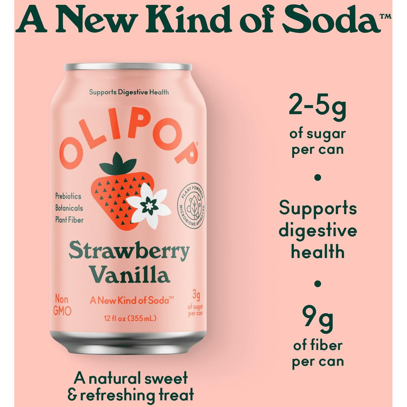 Olipop Prebiotic Soda Pop, Strawberry Vanilla, Prebiotics, Botanicals, Plant Fiber, 12 Fl Oz (12 Cans)