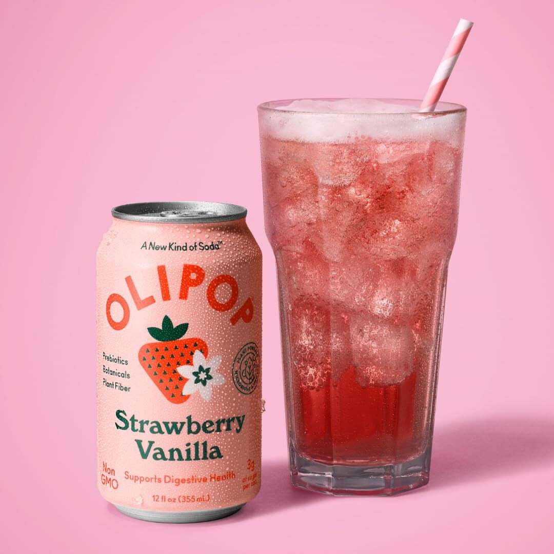 Olipop Prebiotic Soda Pop, Strawberry Vanilla, Prebiotics, Botanicals, Plant Fiber, 12 Fl Oz (12 Cans)