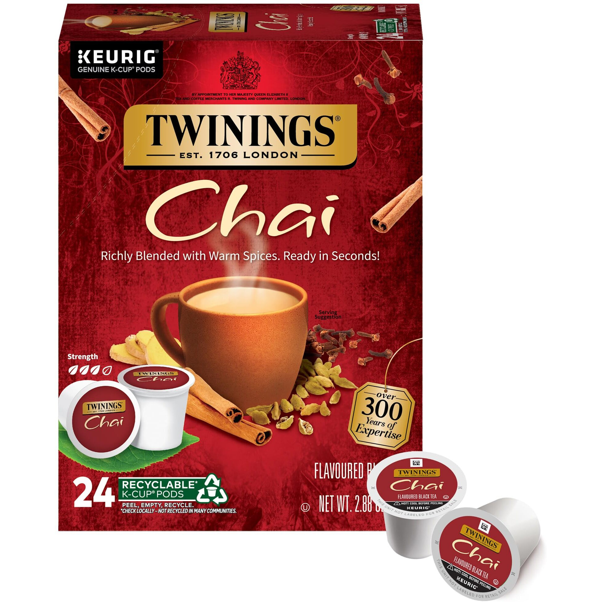 Twinings Chai Flavoured Black Tea K-Cup Pods For Keurig, Naturally Sweet And Savoury Spice Flavours, Caffeinated, 24 Count (Pack Of 1), Enjoy Hot Or Iced