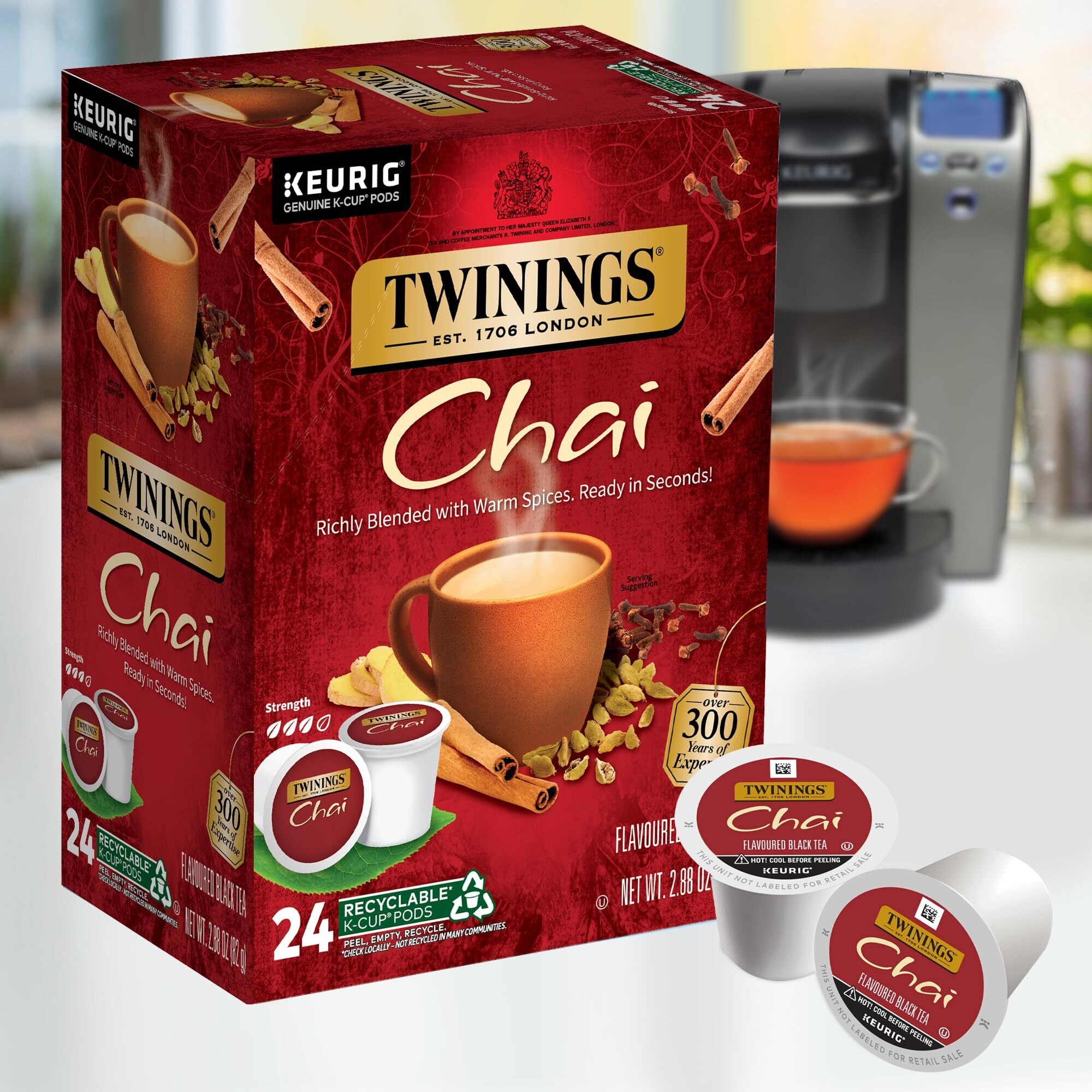 Twinings Chai Flavoured Black Tea K-Cup Pods For Keurig, Naturally Sweet And Savoury Spice Flavours, Caffeinated, 24 Count (Pack Of 1), Enjoy Hot Or Iced