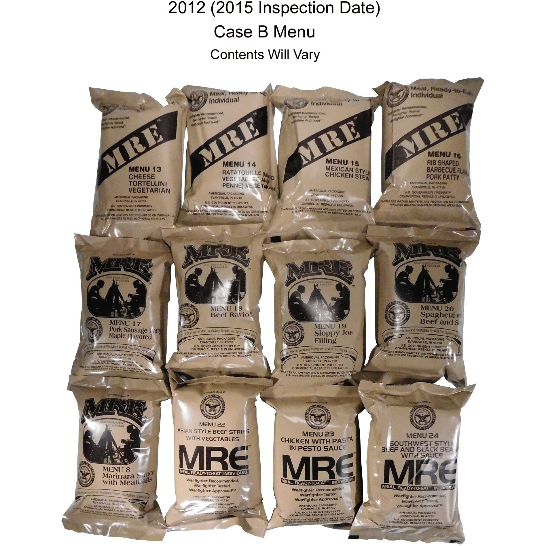 Mres (Meals Ready-To-Eat) Box B, Genuine U.S. Military Surplus, Menus 13-24