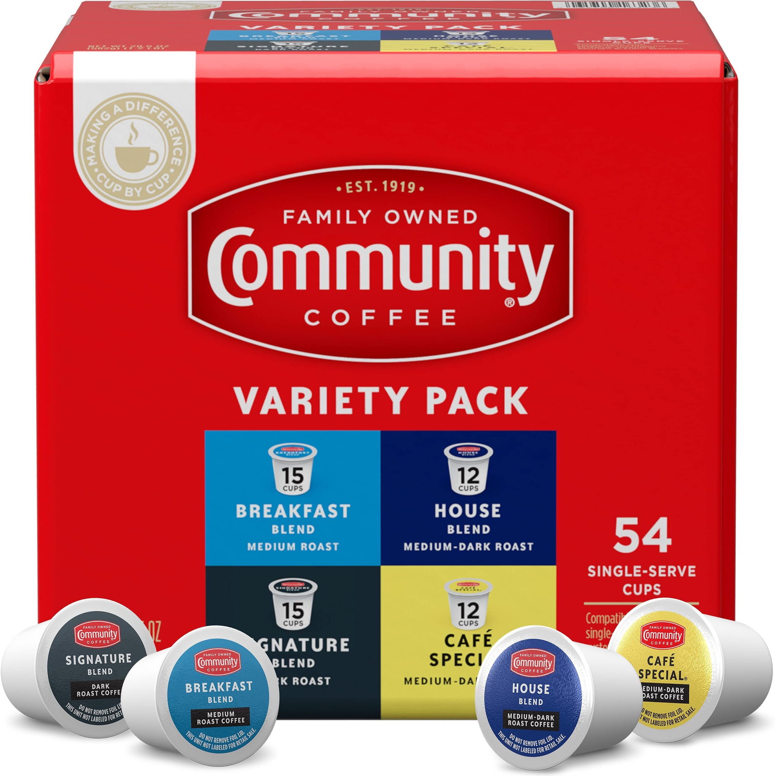 Community Coffee Variety Pack 54 Count Coffee Pods, Medium Dark Roast, Compatible With Keurig 2.0 K-Cup Brewers