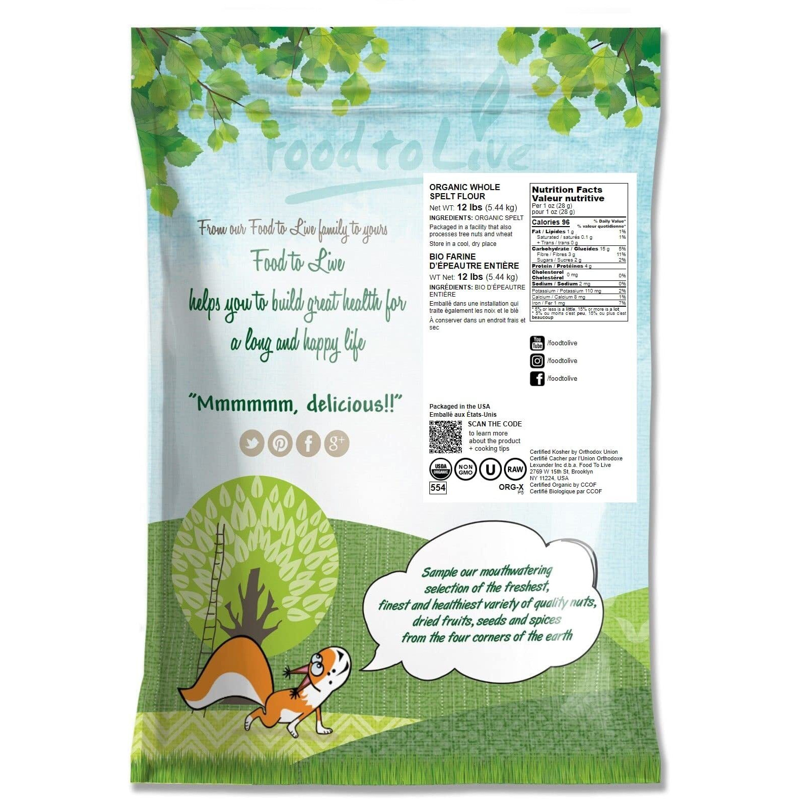 Food To Live Organic Spelt Flour, 12 Pounds Whole Grain, Non-Gmo, Kosher, Vegan, Bulk, Great For Baking Bread, Product Of The Usa