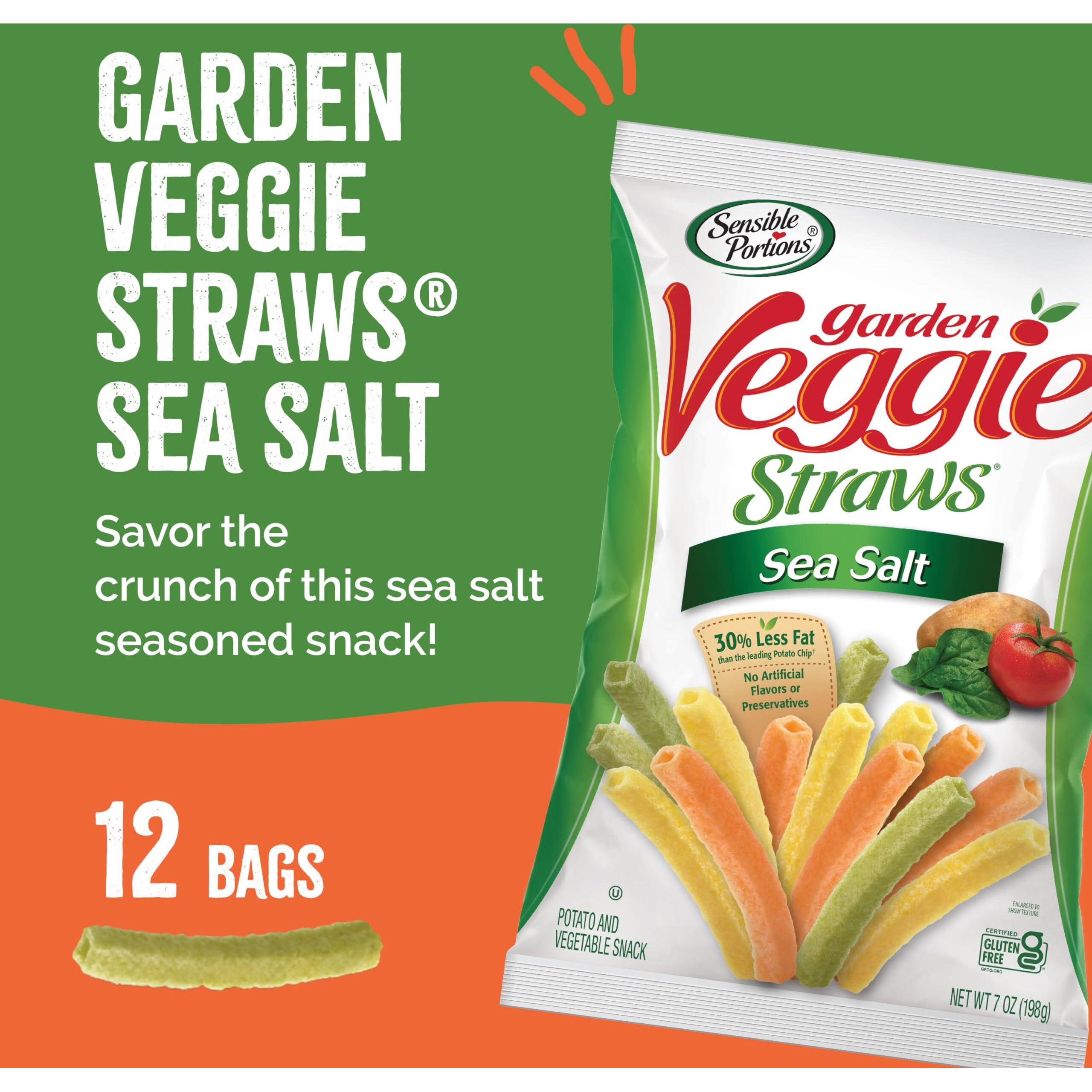 Sensible Portions Veggie Straws, Sea Salt Flavor, Gluten-Free Chips, 7 Ounce Bag, 12-Pack
