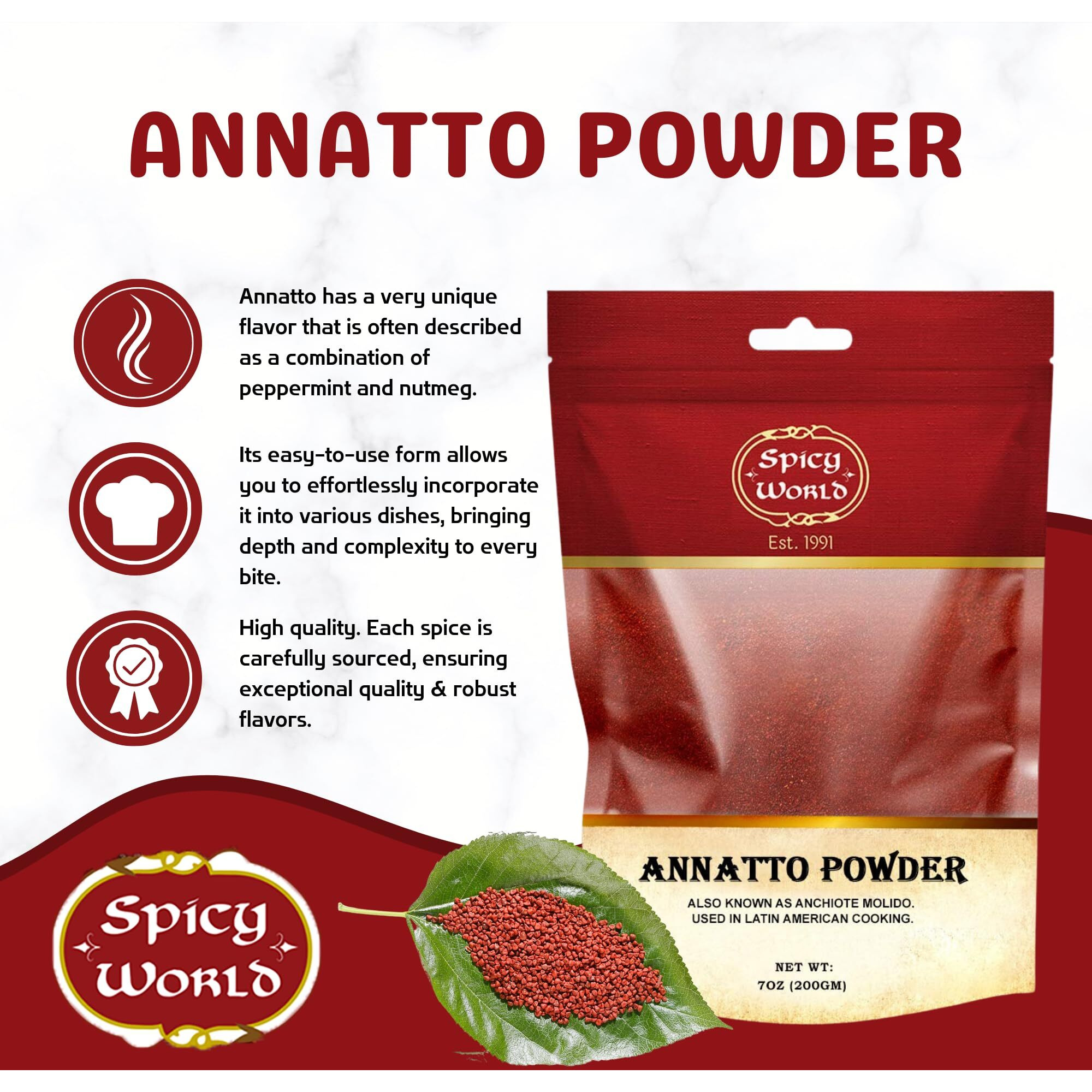 Spicy World Annatto Powder 7 Oz Bag - Premium Ground Annatto Seed And Achiote Powder For Vibrant Dishes - Latin American Flavors