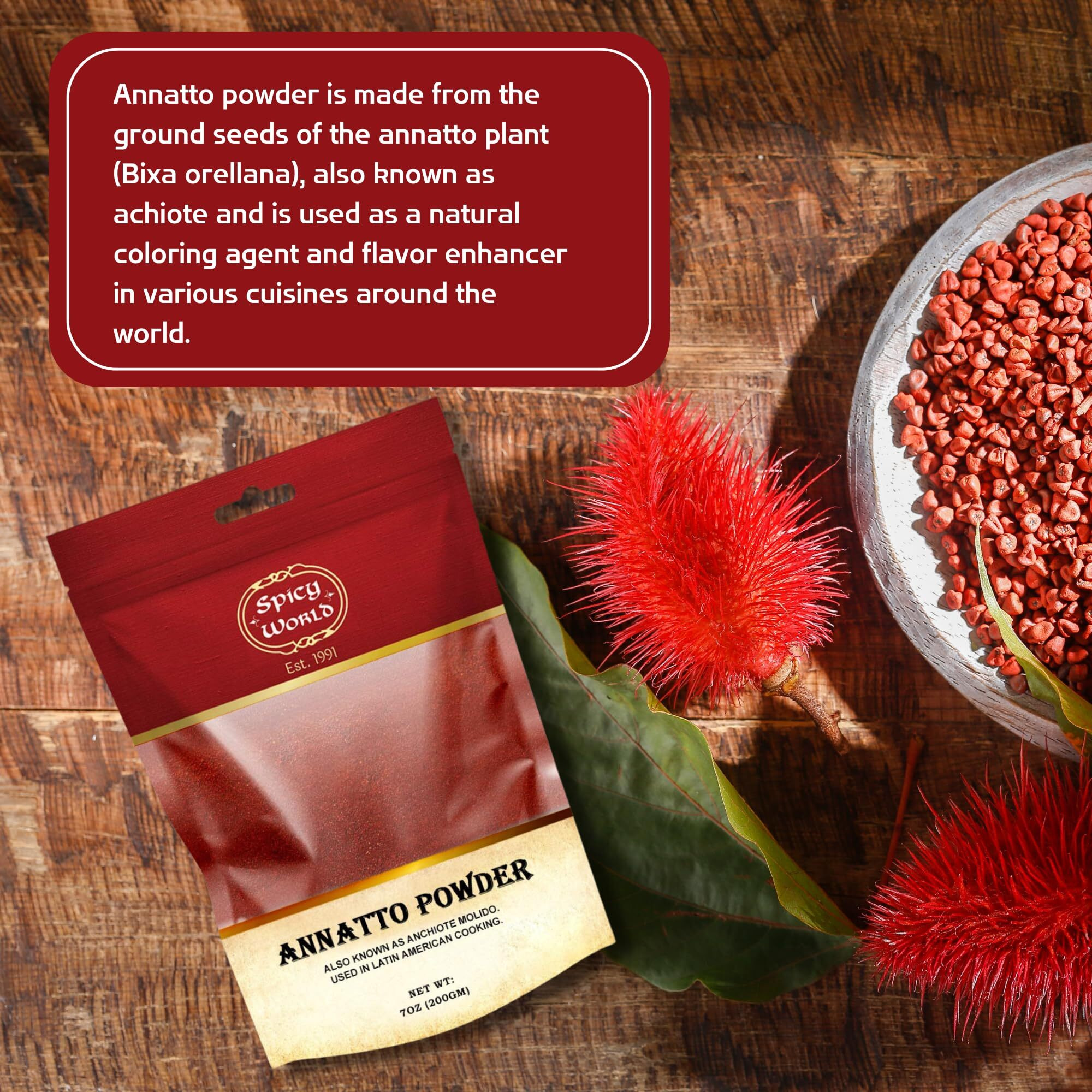 Spicy World Annatto Powder 7 Oz Bag - Premium Ground Annatto Seed And Achiote Powder For Vibrant Dishes - Latin American Flavors
