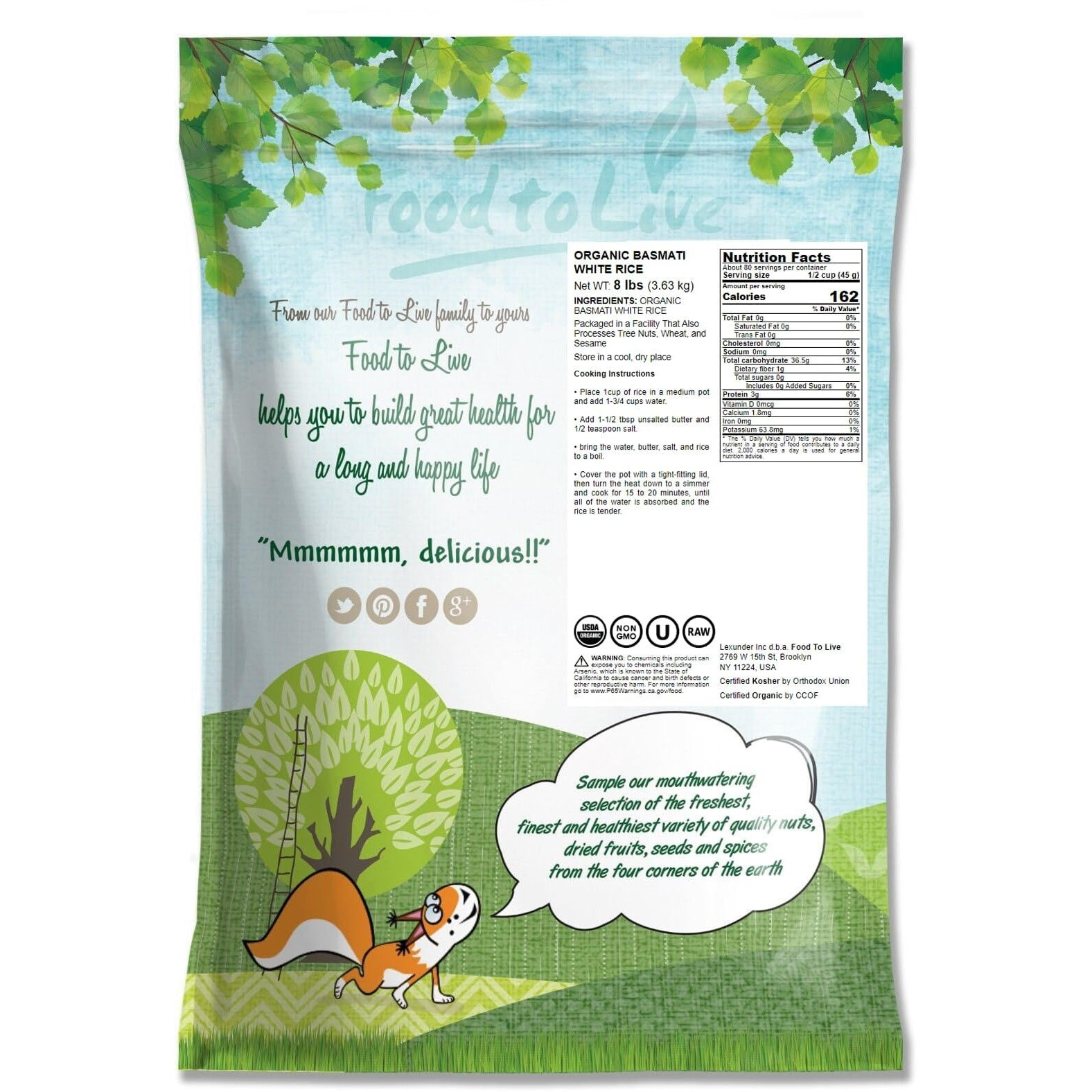 Food To Live Organic White Basmati Rice, 8 Pounds - Non-Gmo, Long-Grain Rice Variety, Fragrant, Kosher, Vegan, Bulk. Non-Irradiated. Less Starch. High In Dietary Fiber. Great For Indian Dishes.