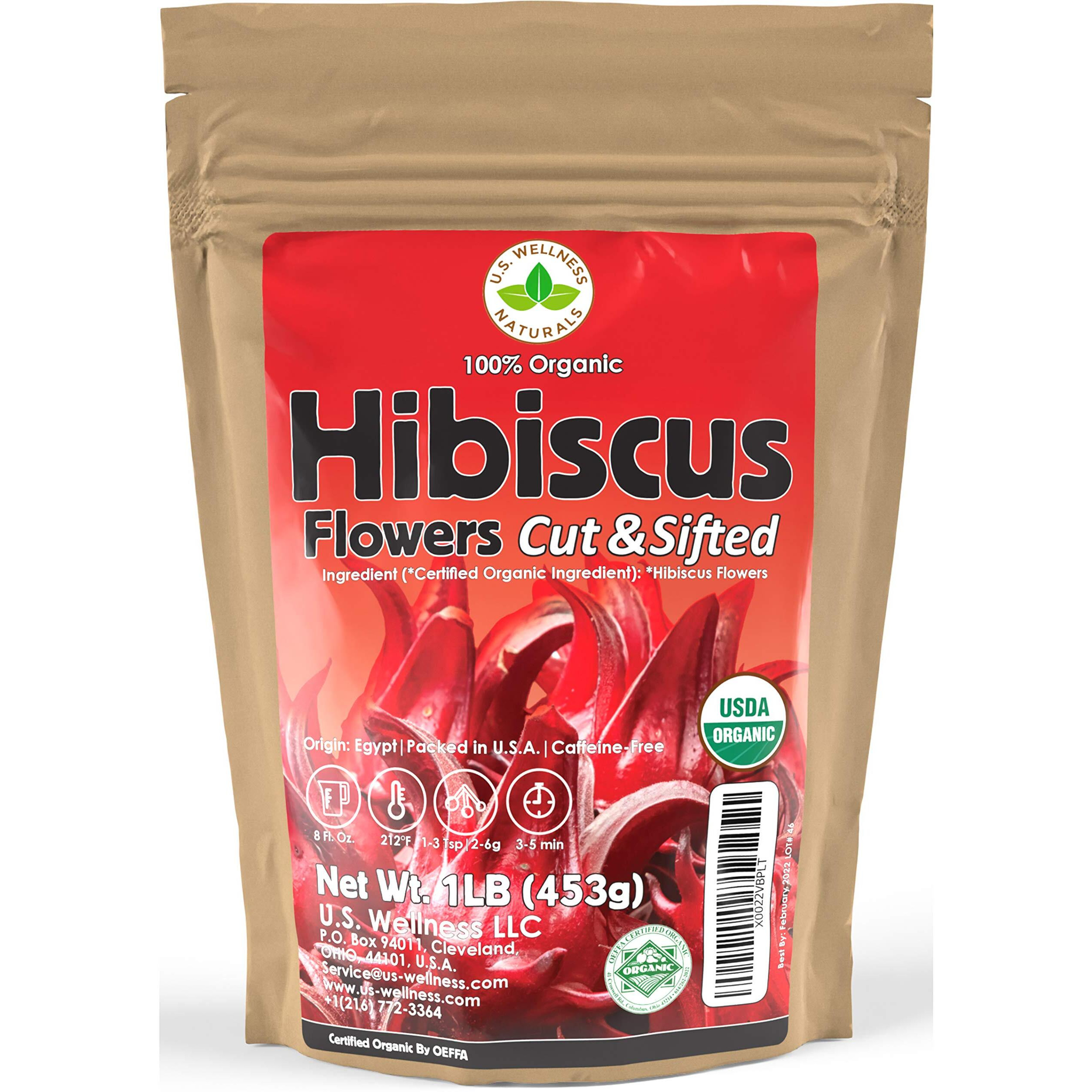 Hibiscus Tea 1Lb (16Oz) 100% Certified Organic Hibiscus Flowers Herbal Tea (Cut&Sifted), Caffeine Free Tea (200+ Cups) 1 Lb. Bulk Resealable Kraft Bpa-Free Bag