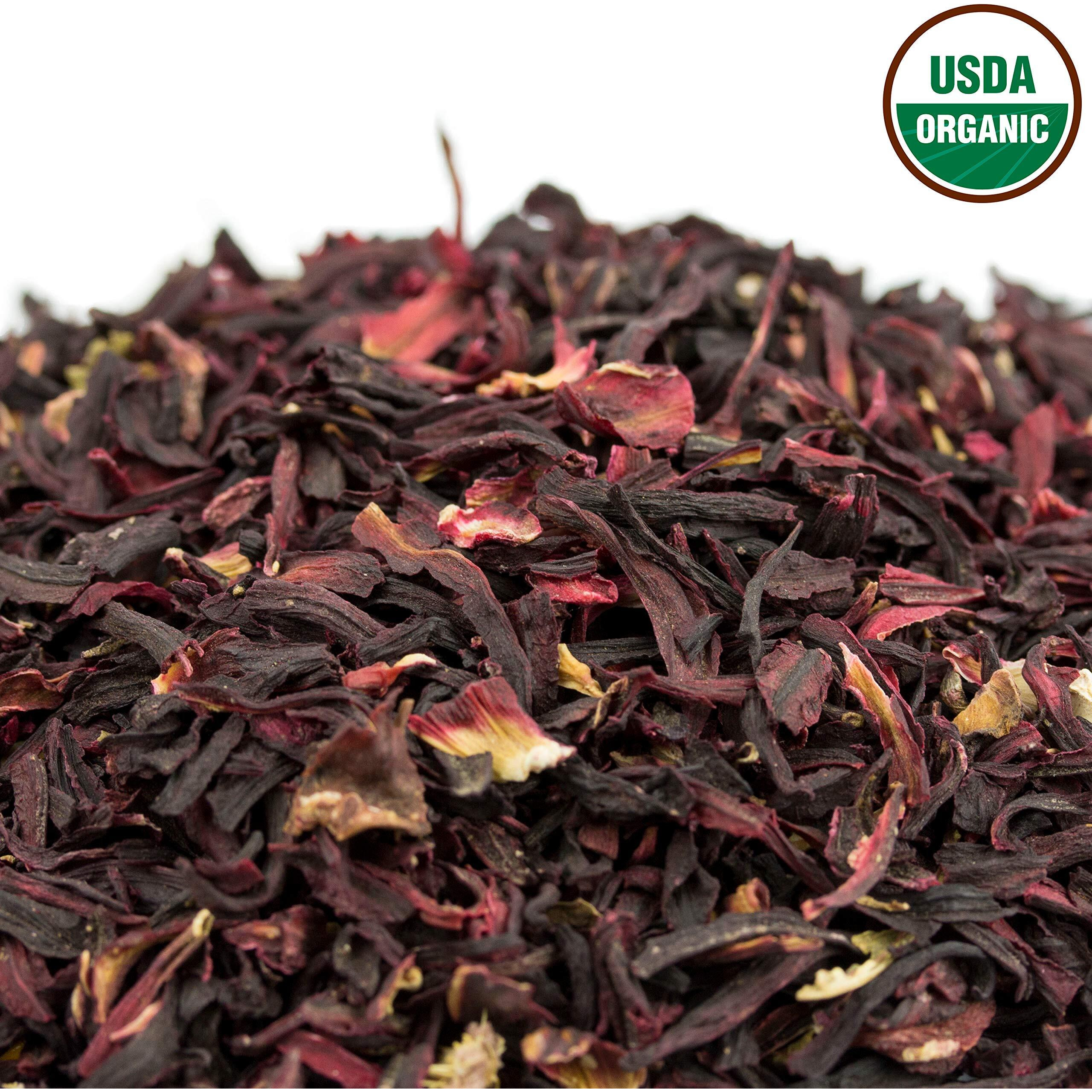 Hibiscus Tea 1Lb (16Oz) 100% Certified Organic Hibiscus Flowers Herbal Tea (Cut&Sifted), Caffeine Free Tea (200+ Cups) 1 Lb. Bulk Resealable Kraft Bpa-Free Bag