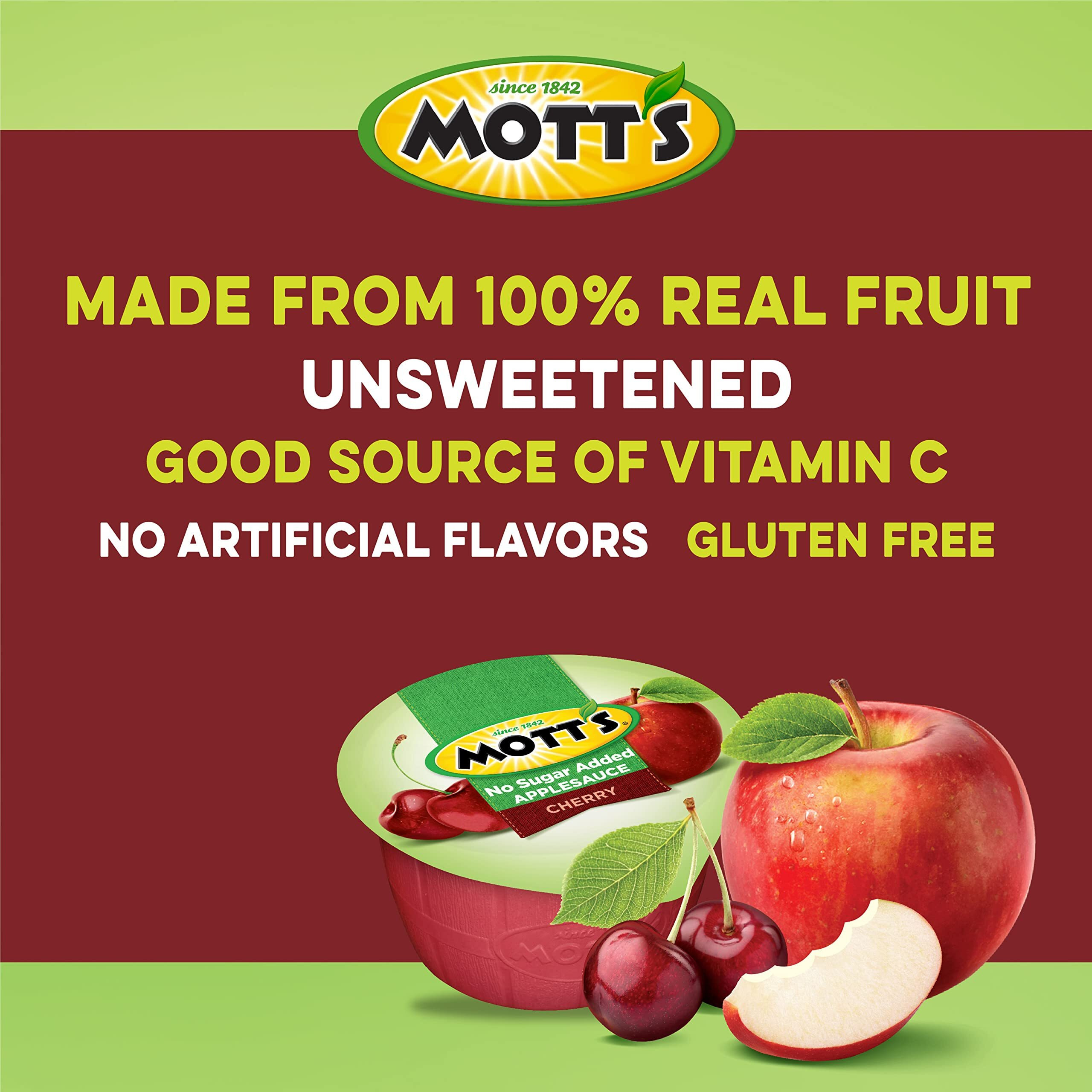 Mott's No Sugar Added Cherry Applesauce, 3.9 Oz Cups, 72 Count (12 Packs Of 6), Good Source Of Vitamin C, No Artificial Flavors