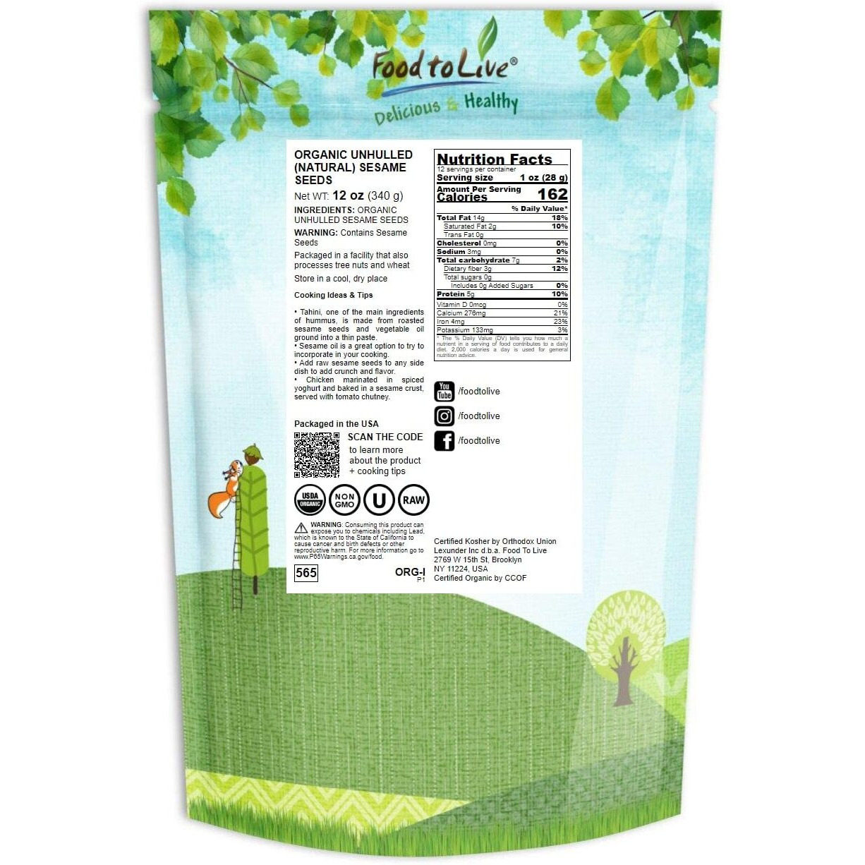 Food To Live Organic Unhulled Sesame Seeds, 12 Ounces - Non-Gmo, Whole Natural Raw White Sesame Seeds, Kosher, Vegan, Bulk, Rich In Dietary Fiber, Protein, & Iron. Crunchy Texture. Great For Baking.