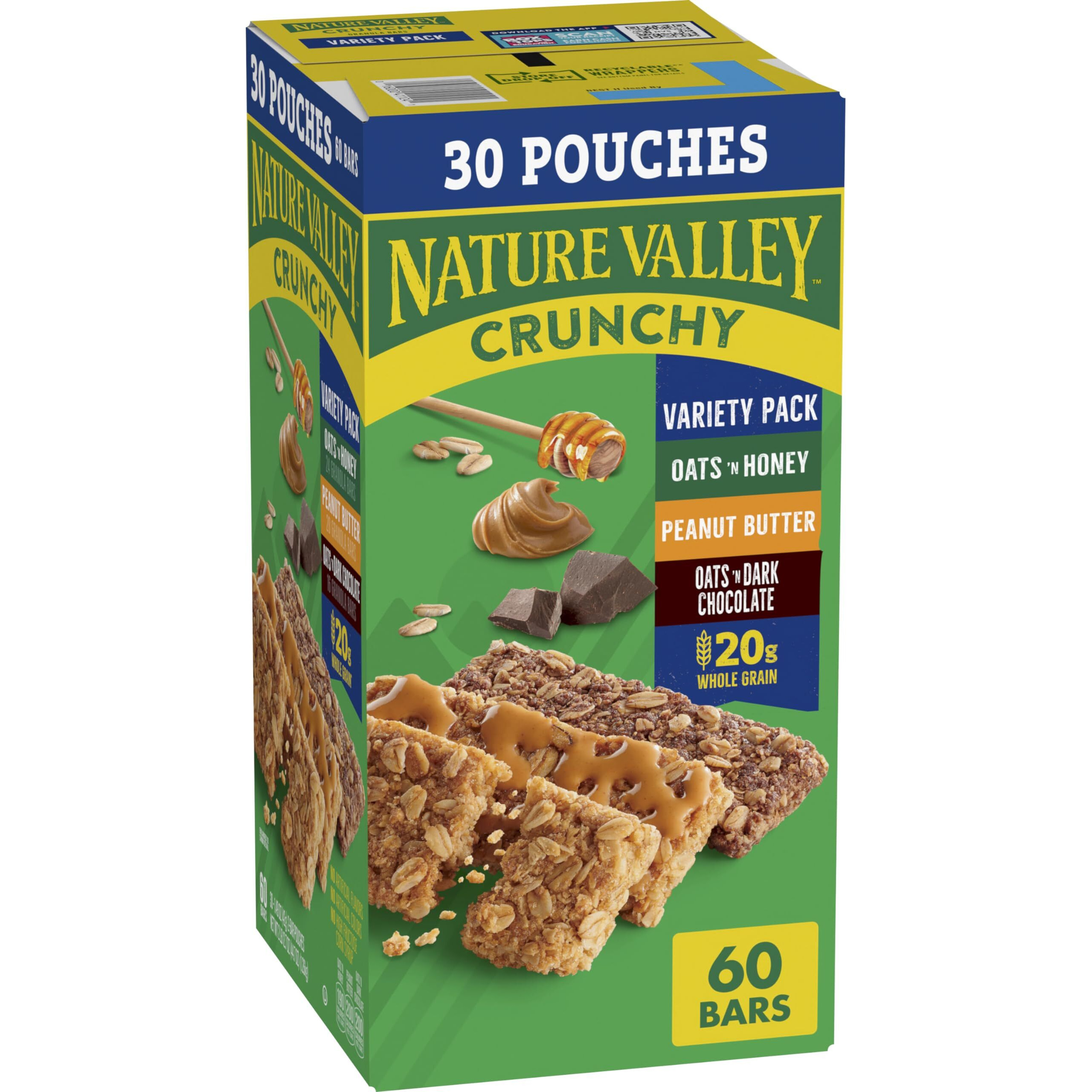 Nature Valley Crunchy Granola Bars, Value Pack, 60 Bars, 44.7 Oz Count (30 Pouches)