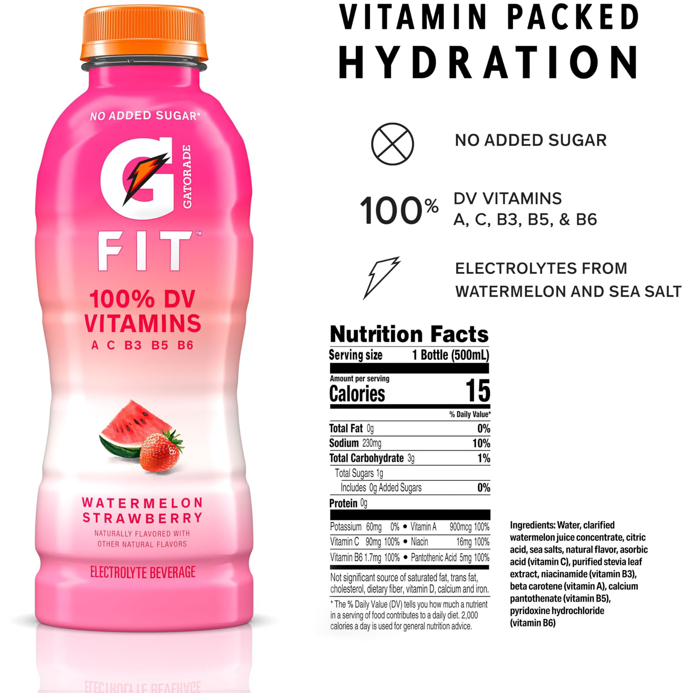 Gatorade Fit Electrolyte Beverage, Healthy Real Hydration, Watermelon Strawberry, 16.9.Oz Bottles (12 Pack)