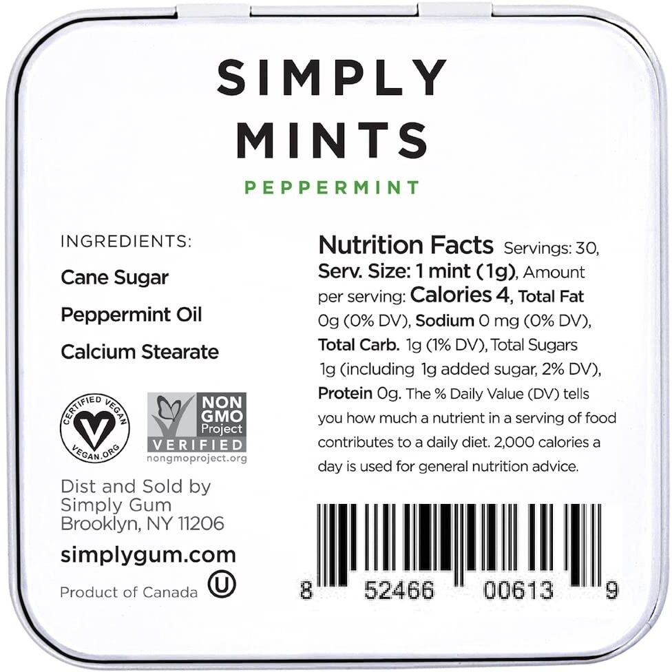 Natural Breath Mints By Simply Gum | Peppermint | Pack Of Six (270 Pieces Total) | Breath Freshening, Vegan, Non-Gmo, Nothing Artificial