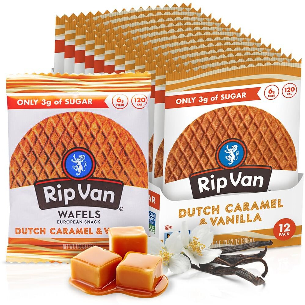 Rip Van Wafels Dutch Caramel & Vanilla Stroopwafels, Healthy Non Gmo, Low Calorie / Sugar Office Snacks, Keto Friendly, (3G), 12 Count (Packaging May Vary)