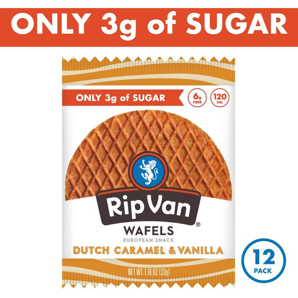 Rip Van Wafels Dutch Caramel & Vanilla Stroopwafels, Healthy Non Gmo, Low Calorie / Sugar Office Snacks, Keto Friendly, (3G), 12 Count (Packaging May Vary)