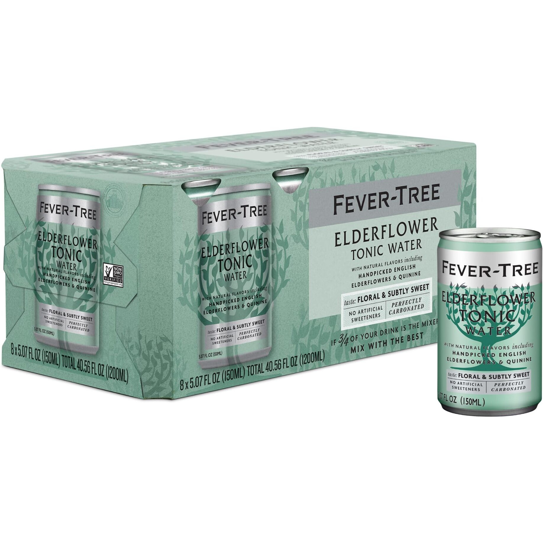 Fever Tree Elderflower Tonic Water - Premium Quality Mixer - Refreshing Beverage For Cocktails & Mocktails. Naturally Sourced Ingredients, No Artificial Sweeteners Or Colors - 150 Ml Cans - Pack Of 8