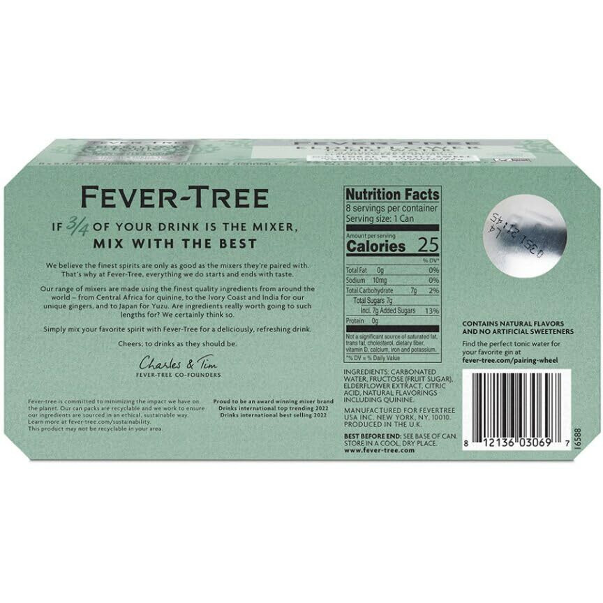 Fever Tree Elderflower Tonic Water - Premium Quality Mixer - Refreshing Beverage For Cocktails & Mocktails. Naturally Sourced Ingredients, No Artificial Sweeteners Or Colors - 150 Ml Cans - Pack Of 8
