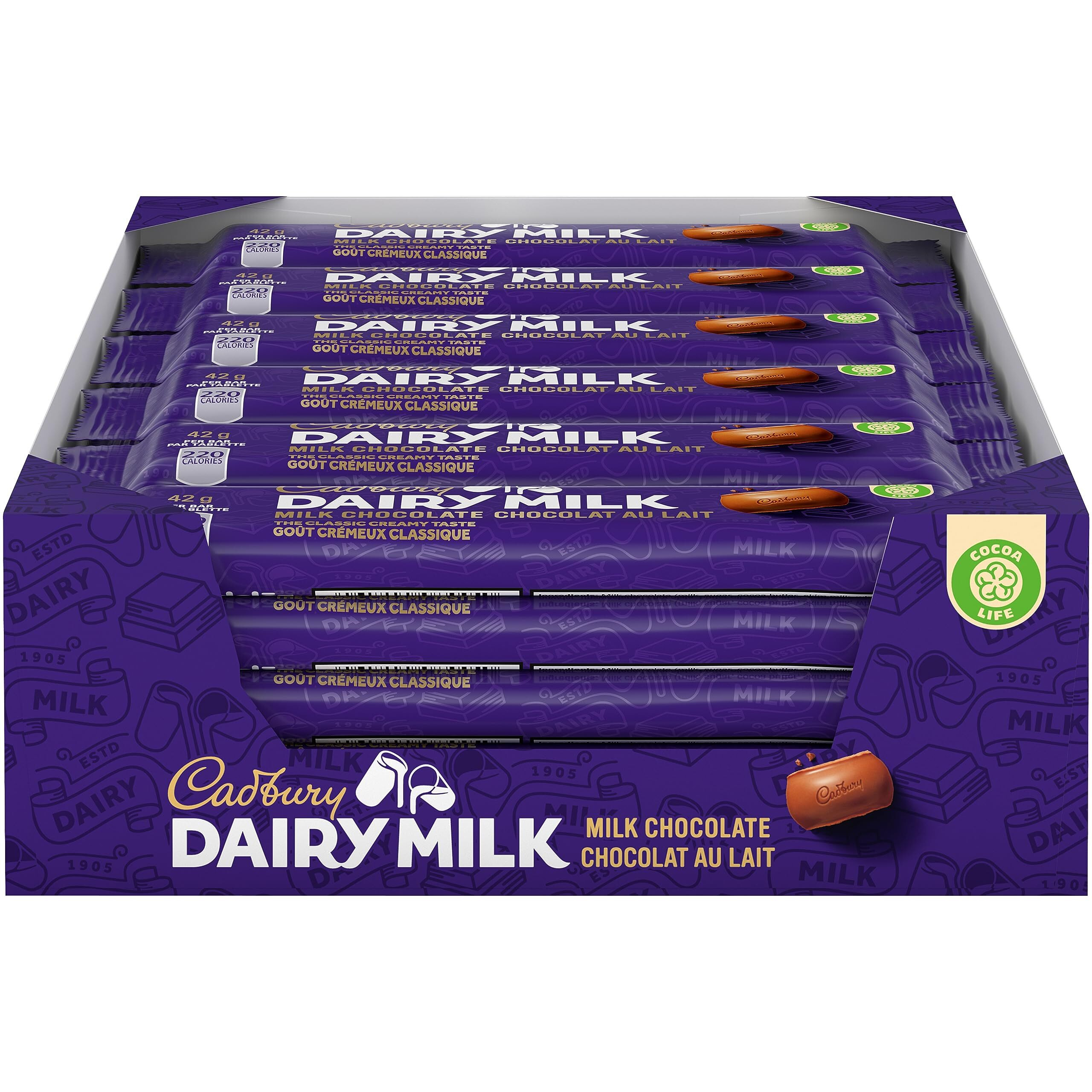 Cadbury Cholocate Bar, Regular Size 42G/Bar (Dairy Milk Milk Chocolate, 24 Packs)