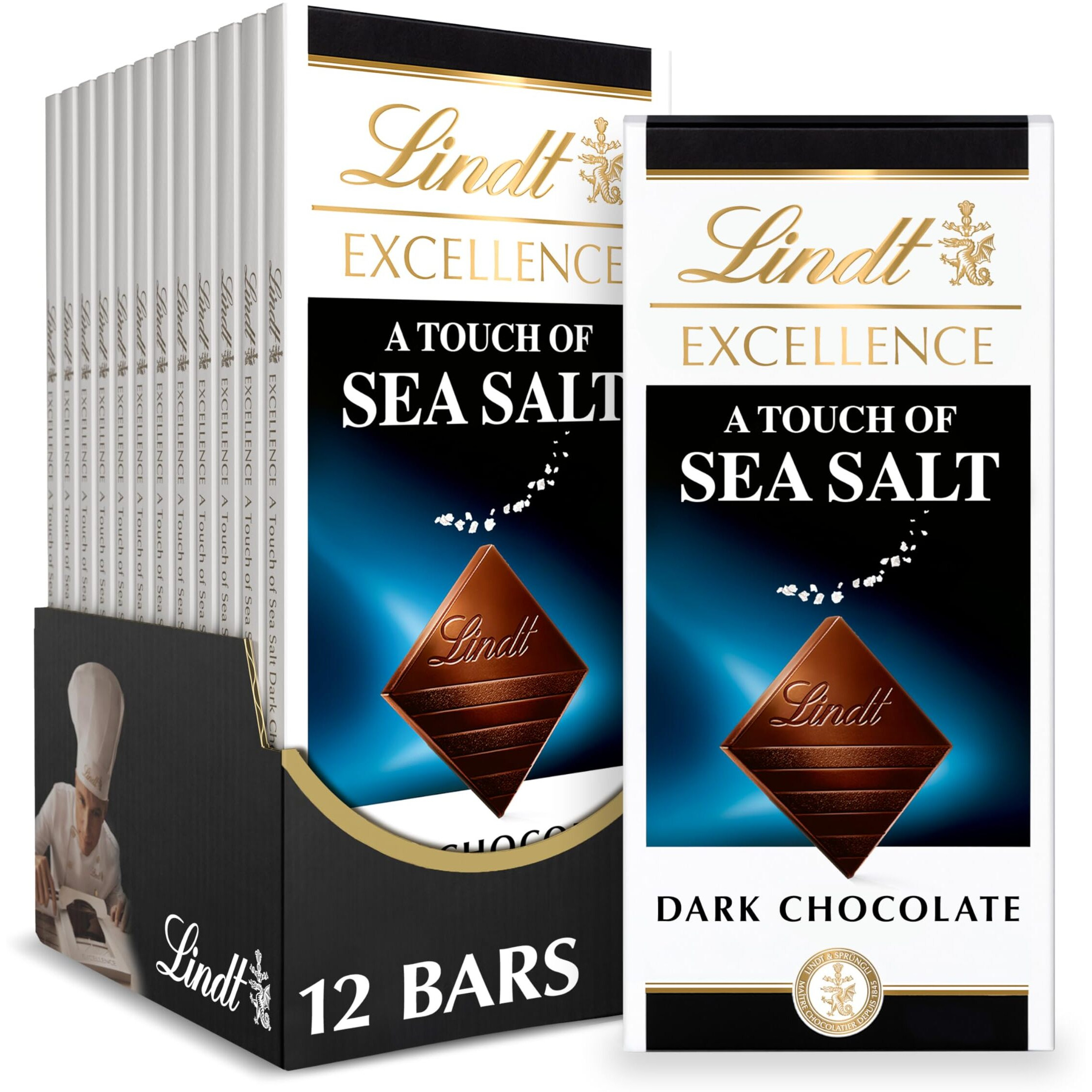 Lindt Excellence Sea Salt Dark Chocolate Bar, Dark Chocolate Candy With A Touch Of Sea Salt, 3.5 Oz. Bar (12 Pack)