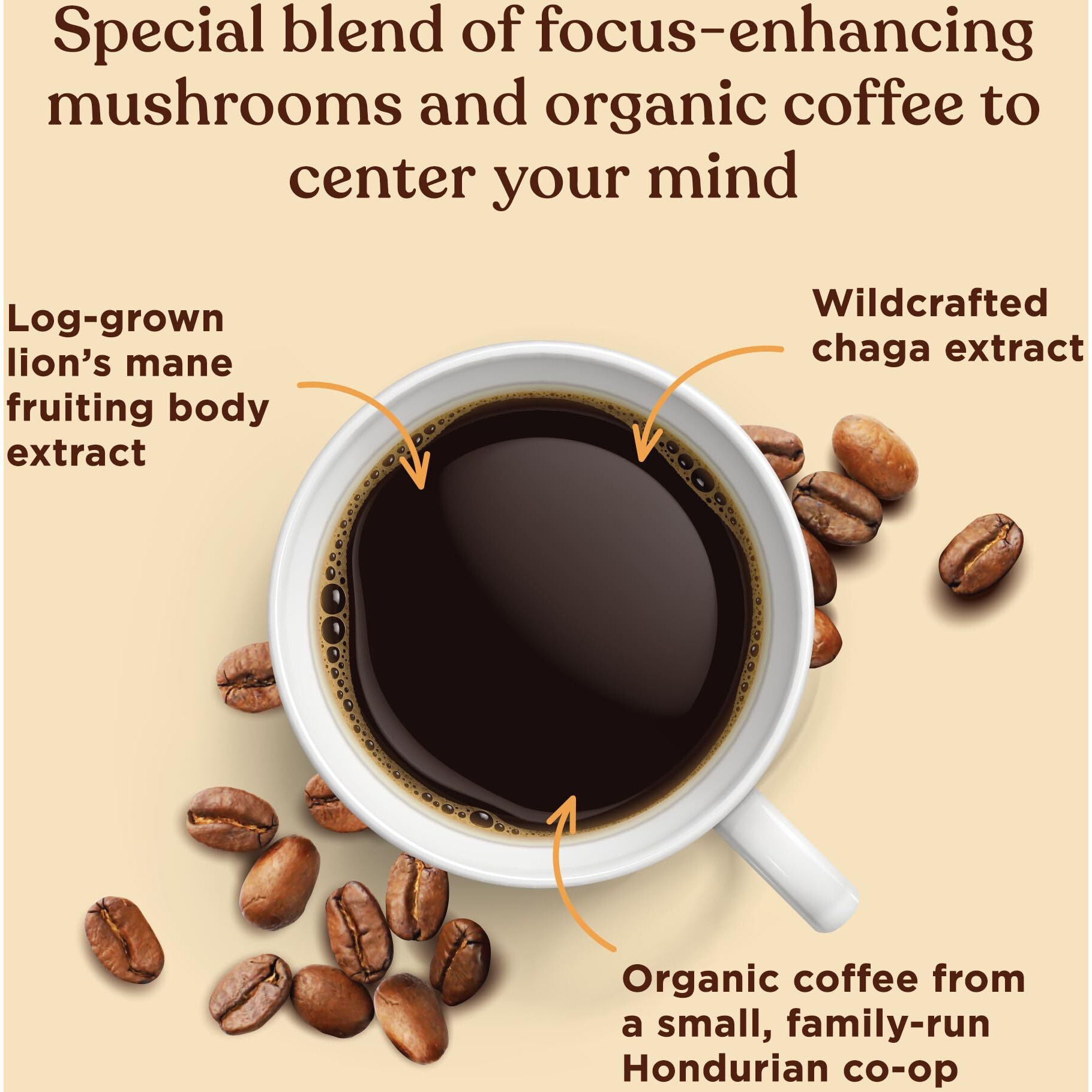 Dark Roast Organic Whole Bean Coffee By Four Sigmatic | Fair Trade Coffee Beans Coated With Lion's Mane, Chaga Mushrooms | Nootropic Mushroom Coffee For Enhanced Brain Function & Immune Support | 12Oz