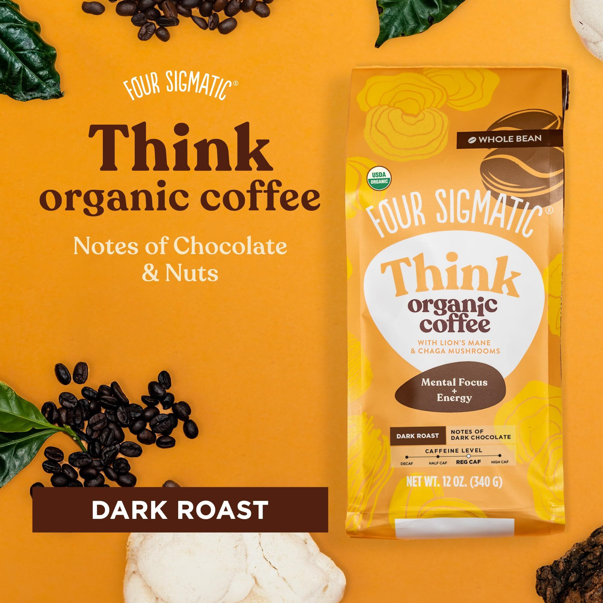 Dark Roast Organic Whole Bean Coffee By Four Sigmatic | Fair Trade Coffee Beans Coated With Lion's Mane, Chaga Mushrooms | Nootropic Mushroom Coffee For Enhanced Brain Function & Immune Support | 12Oz