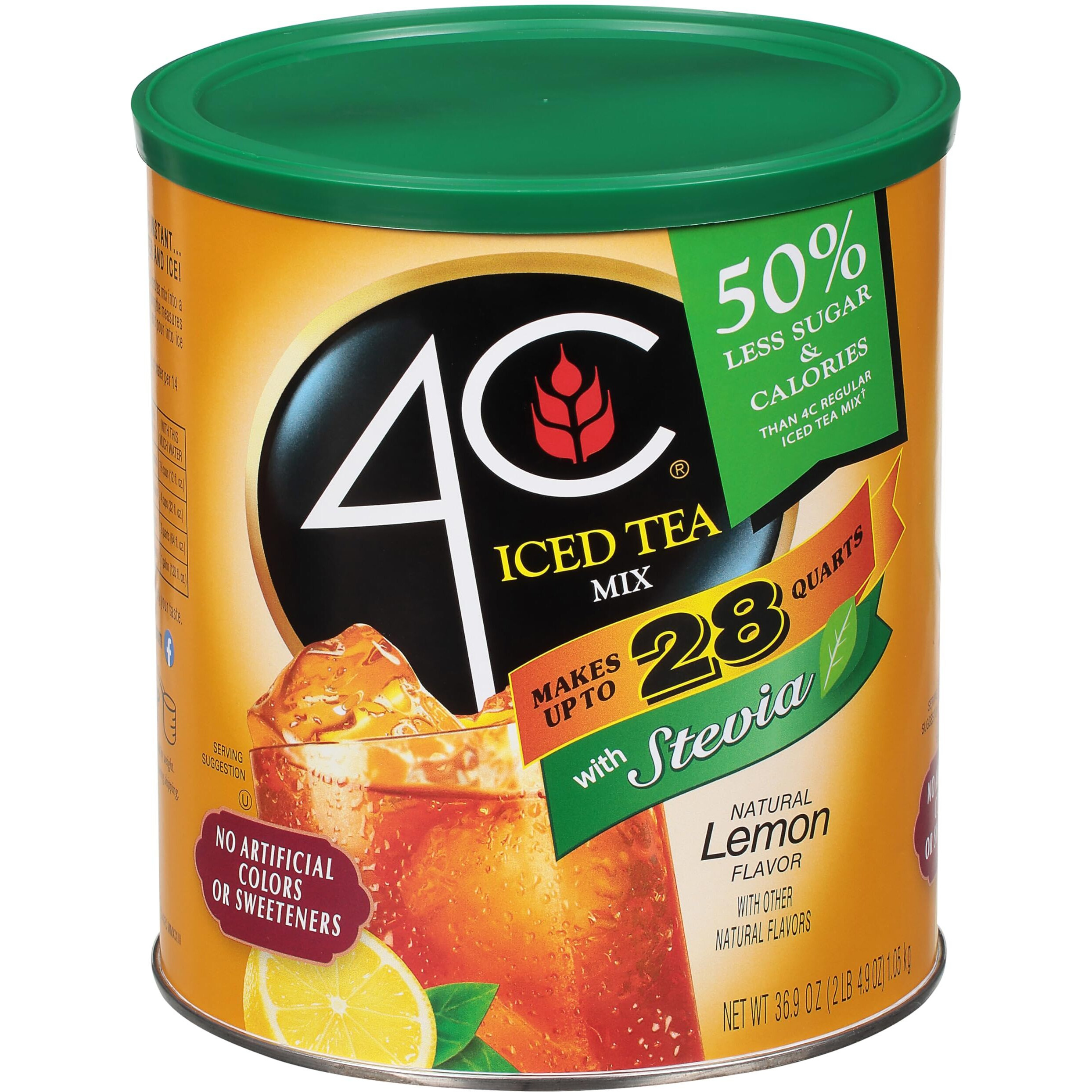 4C Reduced Sugar Powdered Drink Mix Canisters, Iced Tea, 28 Quarts, Family Sized Canister, Thirst Quenching & Refreshing Flavors (Lemon Iced Tea, 36.9 Ounce (Pack Of 1))