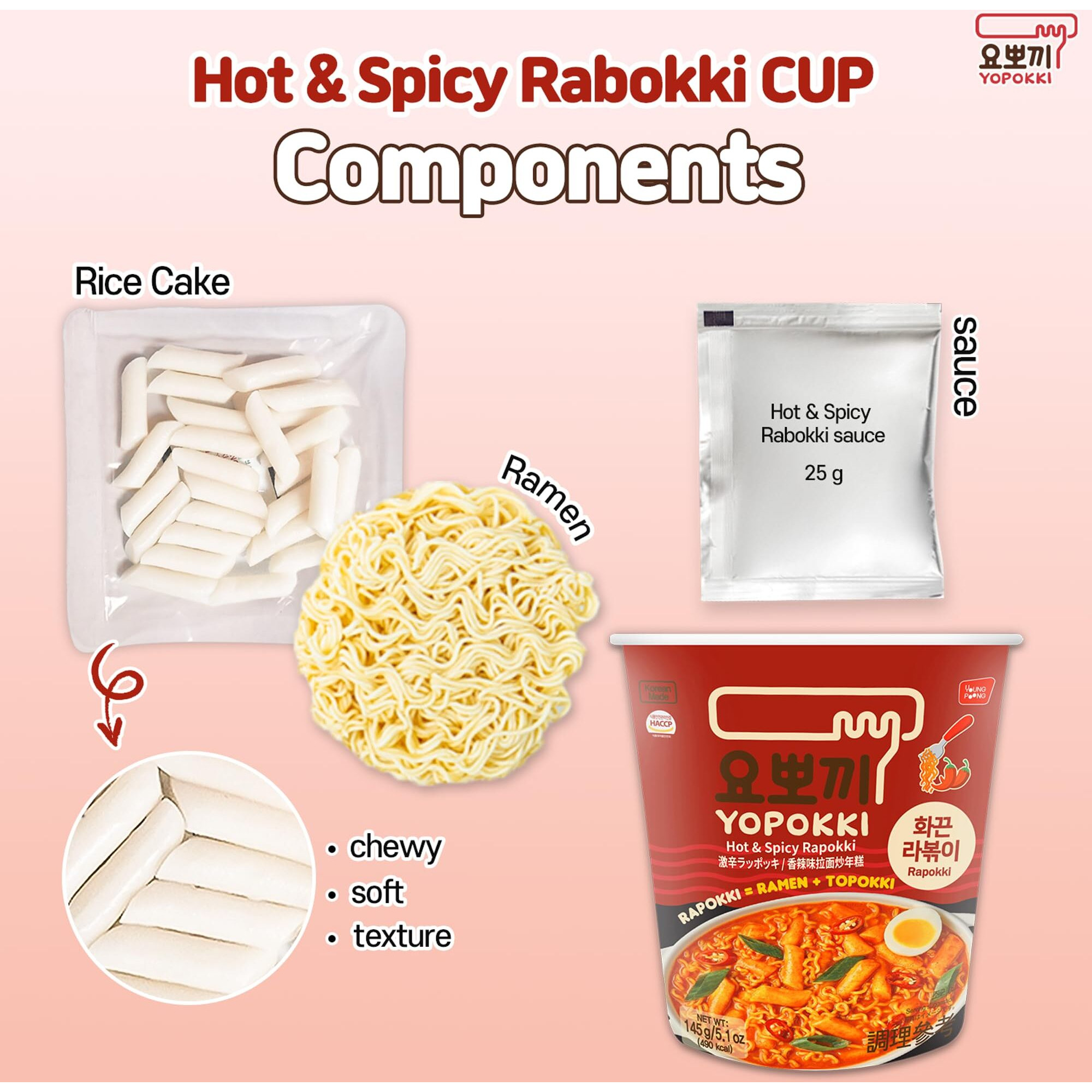 Yopokki Instant Rabokki Cup (Hot Spicy, Cup Of 2) Korean Street Food With Hot Spicy Sauce Ramen Noodle Topokki Rice Cake - Quick & Easy To Prepare