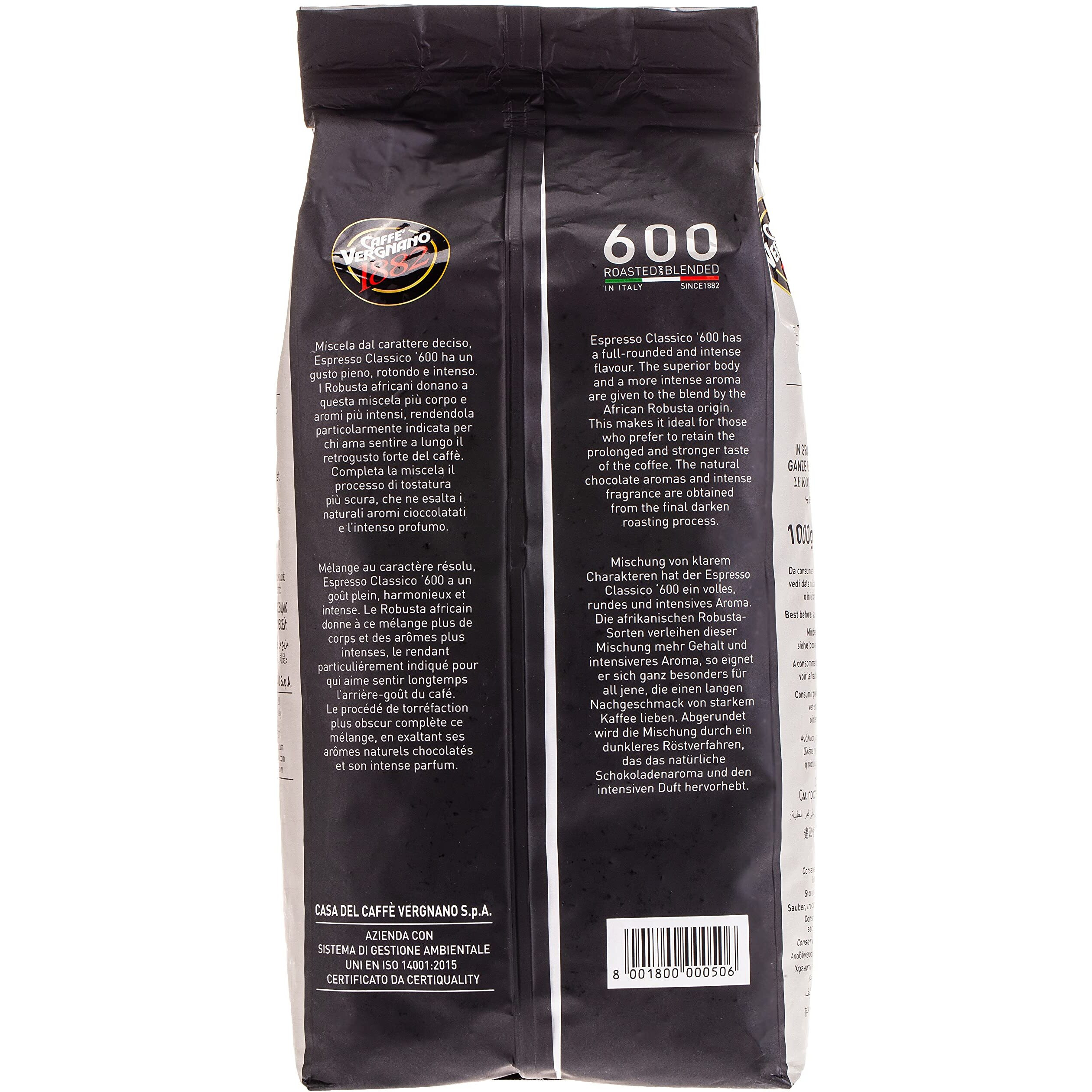 Caffe Vergnano Espresso Roast "&quotClassico 600 Blend"" Whole Bean Coffee | 2.2 Lb Bag (1 Kilo) | Imported From Italy