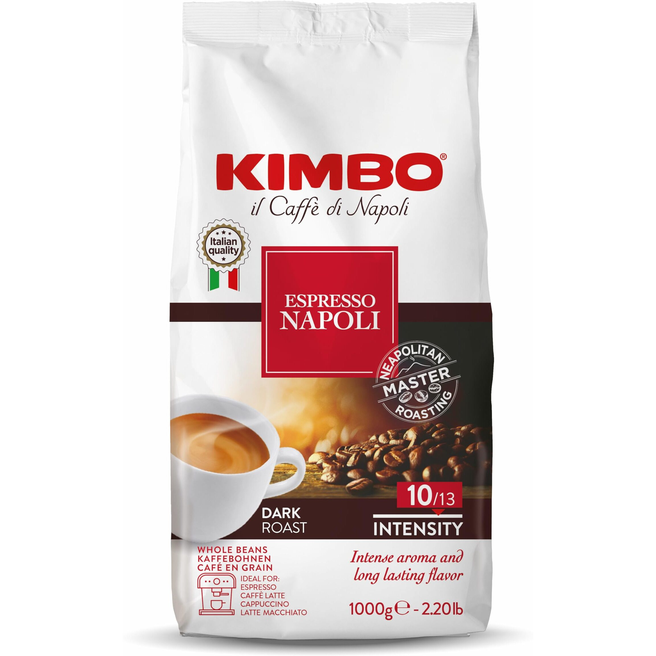 Kimbo Espresso Napoletano Whole Coffee Beans, Dark Roast, 1Kg Bag