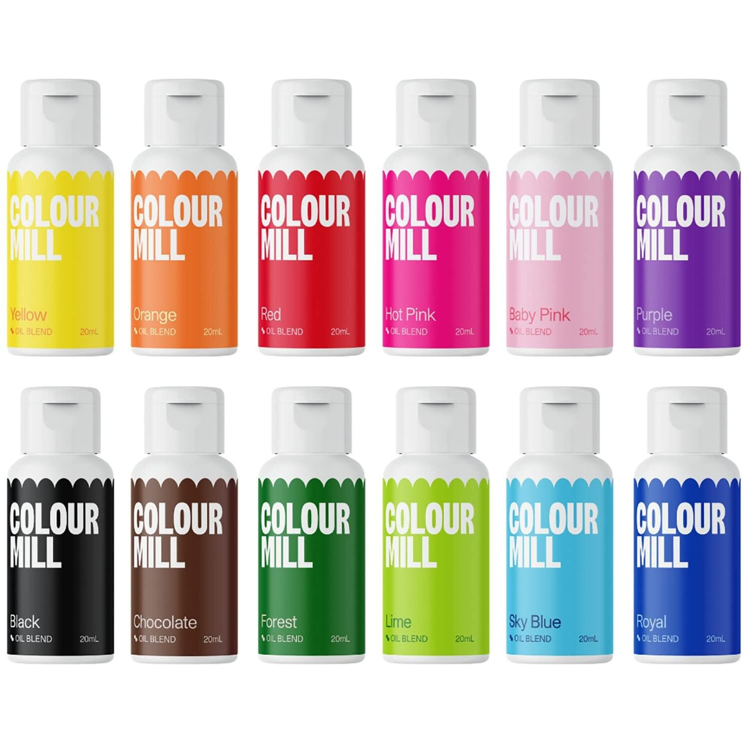 Colour Mill Kickstarter-Pack Oil-Based Food Coloring, 20 Milliliters Each Of 12 Colors Baby Pink, Black, Chocolate, Forest, Hot Pink, Lime, Orange, Purple, Red, Royal, Sky Blue And Yellow