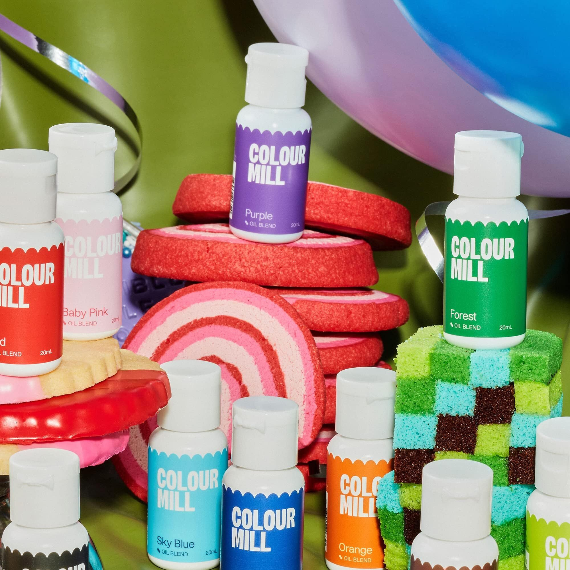 Colour Mill Kickstarter-Pack Oil-Based Food Coloring, 20 Milliliters Each Of 12 Colors Baby Pink, Black, Chocolate, Forest, Hot Pink, Lime, Orange, Purple, Red, Royal, Sky Blue And Yellow