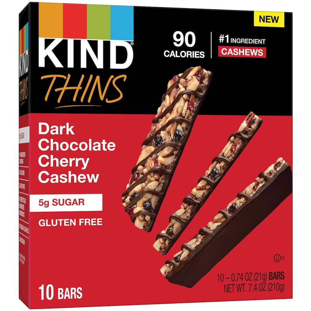 Kind Thins Dark Chocolate Cherry Cashew, 0.74 Ounce, 10 Count, Gluten Free Bars, 5G Sugar (60 Bars)