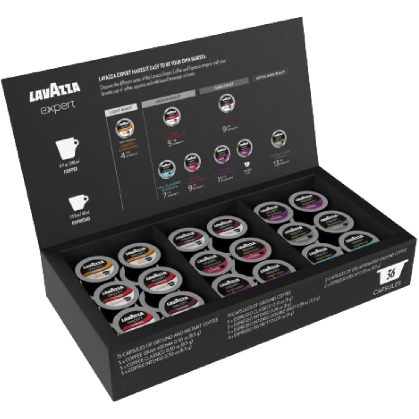 Lavazza Expert Variety Pack, Blended And Roasted In Italy, Light Through Dark Roast, Full -Bodied, Sweet, Aromatic, Intense, Peristent Blends, (36 Count) - Value Pack