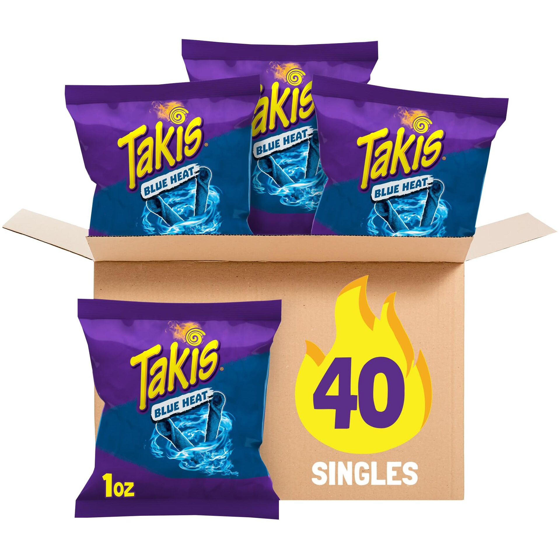 Takis Blue Heat 40 Pc / 1 Oz Multipack, Hot Chili Pepper Flavored Extreme Spicy Rolled Tortilla Chips
