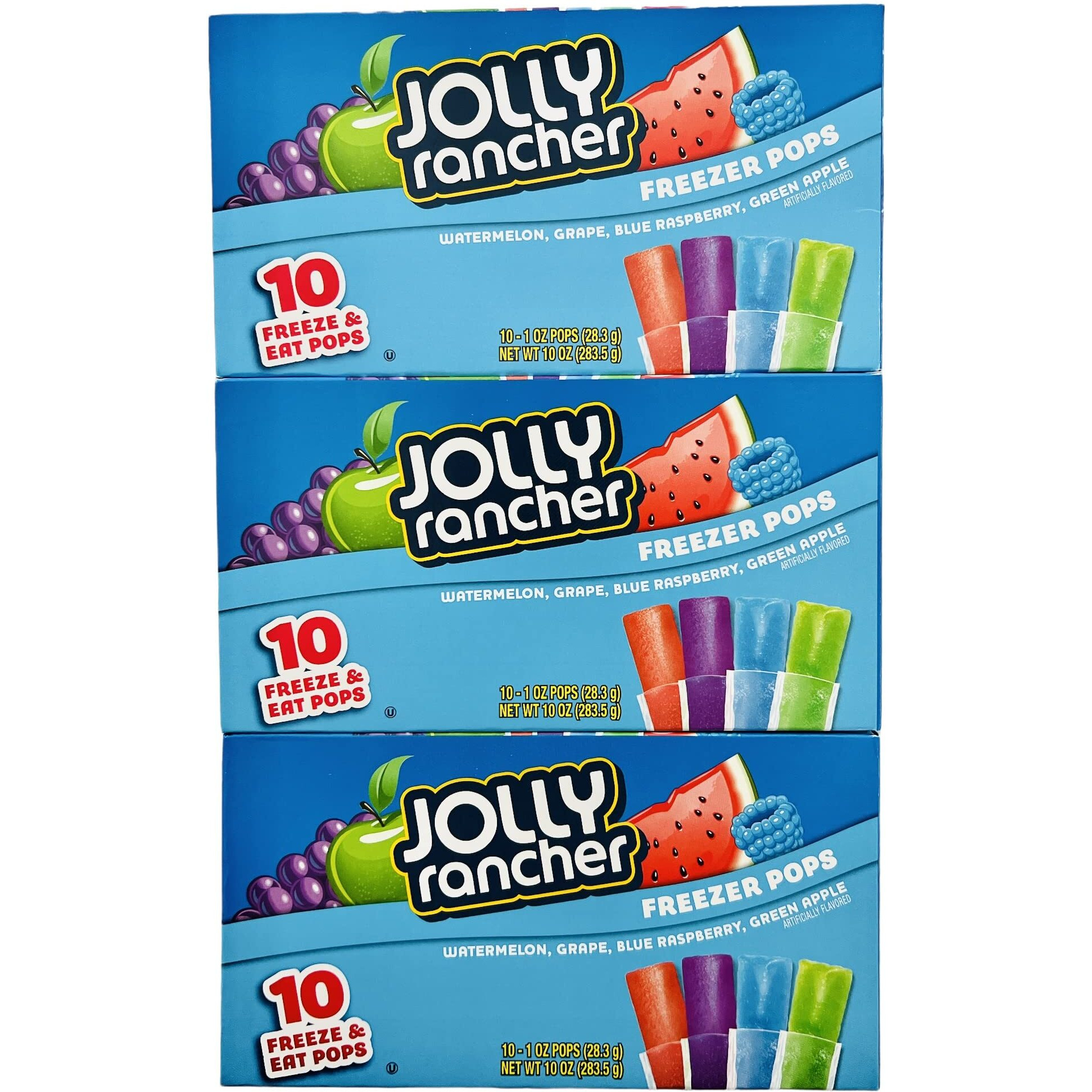 Jolly Rancher Freezer Pops, Watermelon, Green Apple, Grape, Blue Raspberry, 10 Ct (Pack Of 3)