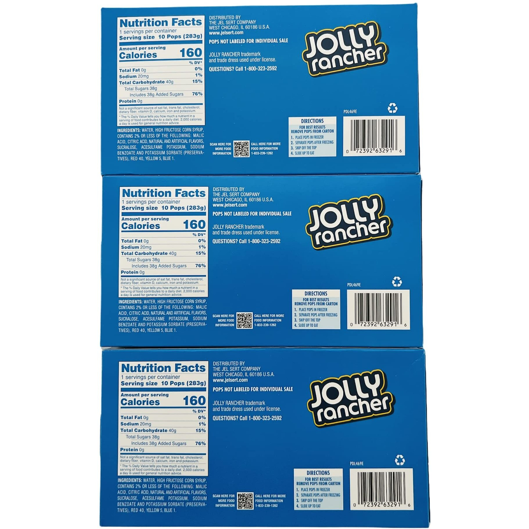 Jolly Rancher Freezer Pops, Watermelon, Green Apple, Grape, Blue Raspberry, 10 Ct (Pack Of 3)