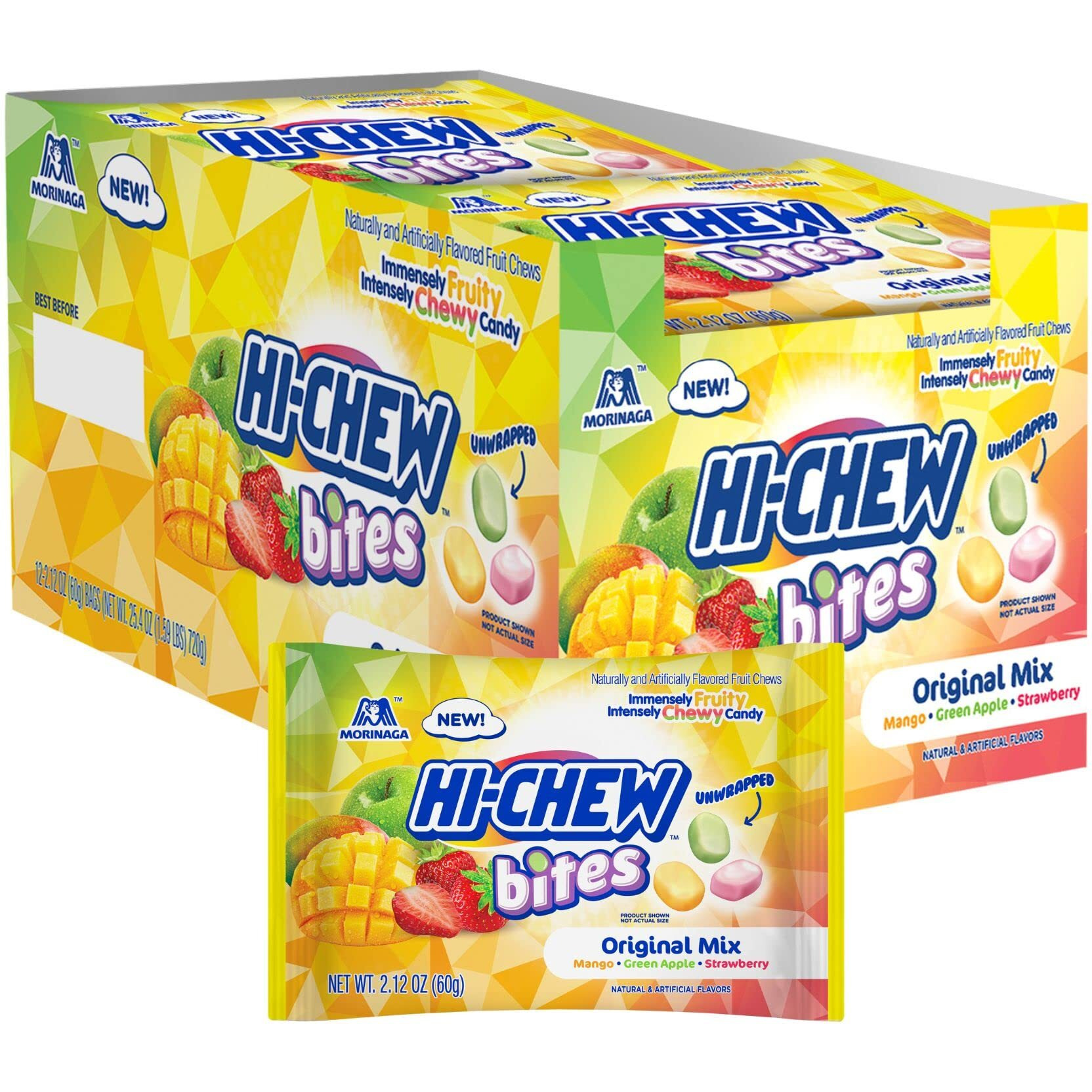 Hi-Chew Bites Original Mix, Pack Of 12 Bags, 2.12Oz Each | Mango Green Apple Strawberry Chewlets | Unique Fun Soft & Chewy Taffy Candy | Immensely Juicy Fruit Flavors
