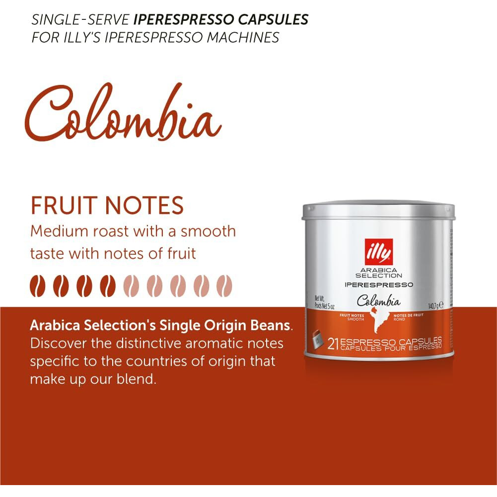Illy Coffee Iperespresso Capsules - Single-Serve Coffee Capsules & Pods - Single Origin Coffee Pods - Colombia Medium Roast With Notes Of Fruit - For Iperespresso Capsule Machines - 21 Count