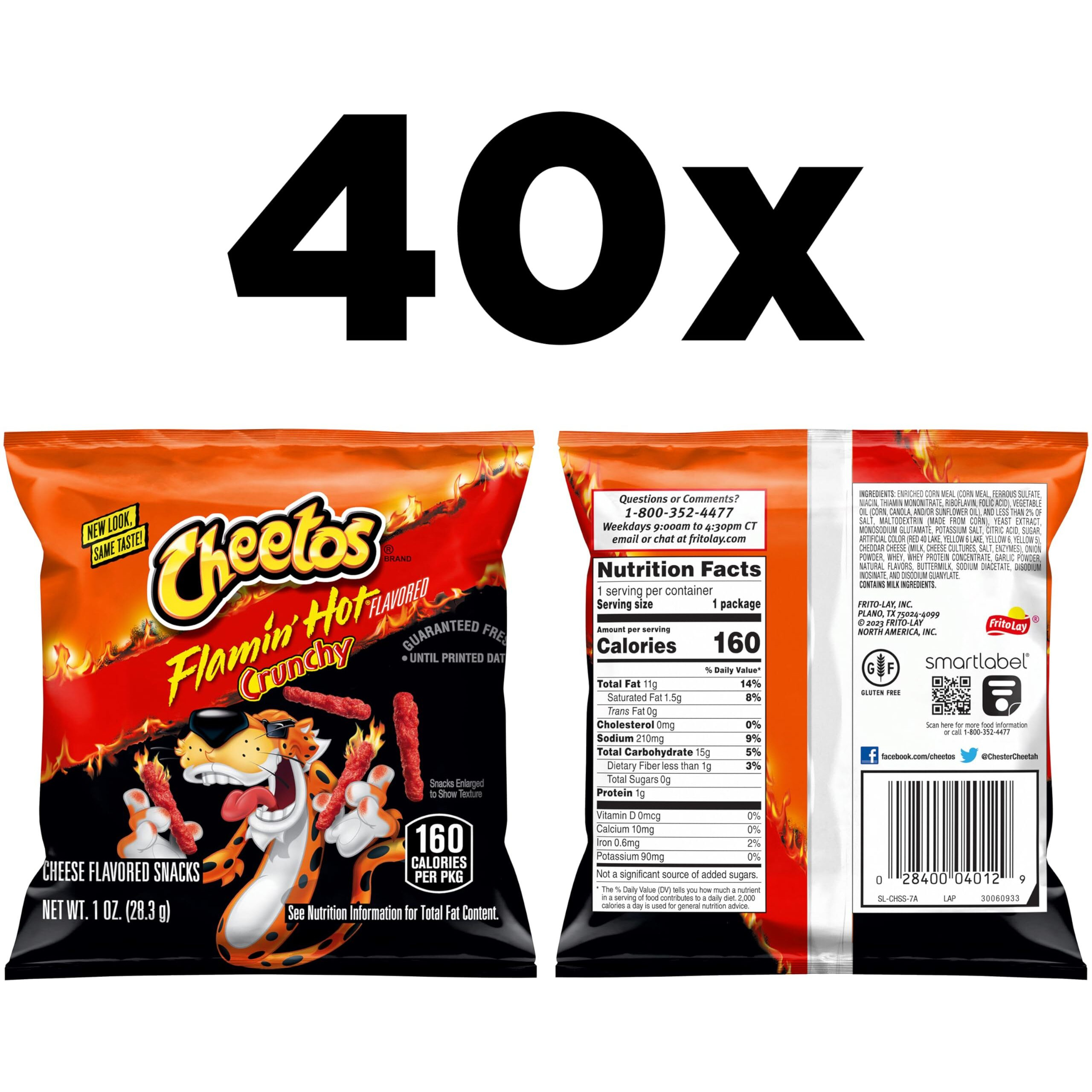 Cheetos Cheese Flavored Snacks, Flamin' Hot Crunchy, 1 Ounce (Pack Of 40)