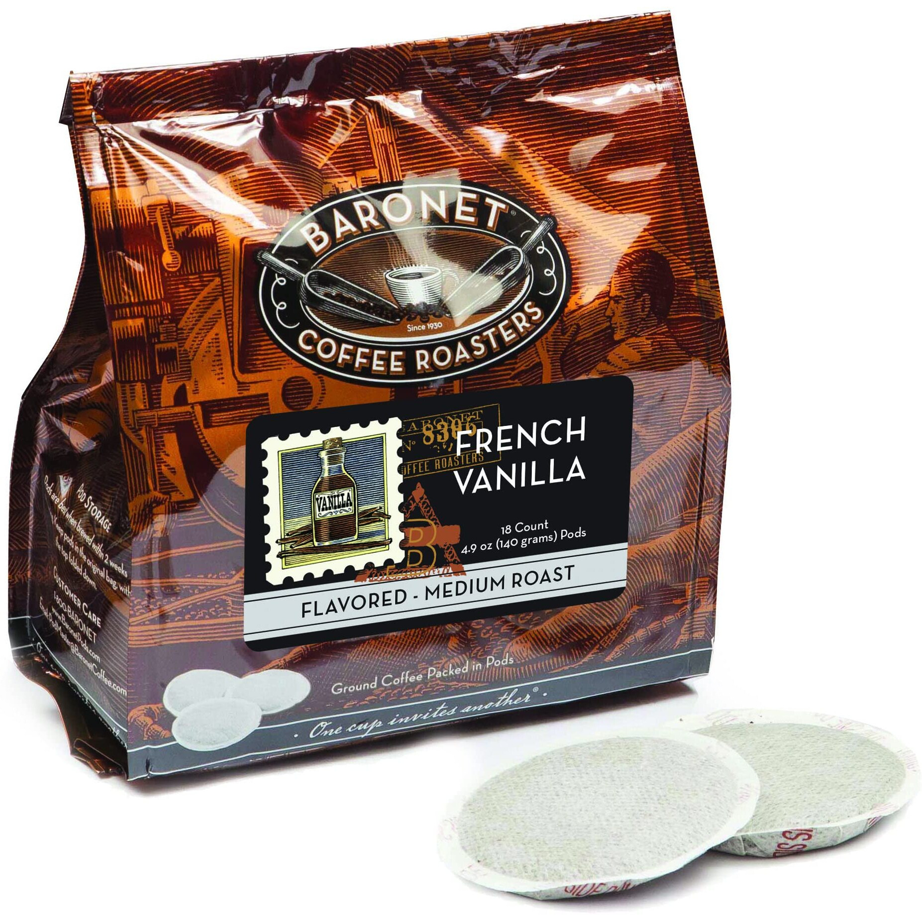 Baronet Coffee Pods [French Vanilla Flavored-54 Pods] Single Cup Use Like Senseo Coffee Pods- 3 Bags Of 18 Single Serve 8 Gram Pods, Regular Strength Soft Coffee Pods, Medium Roast [French Vanilla]