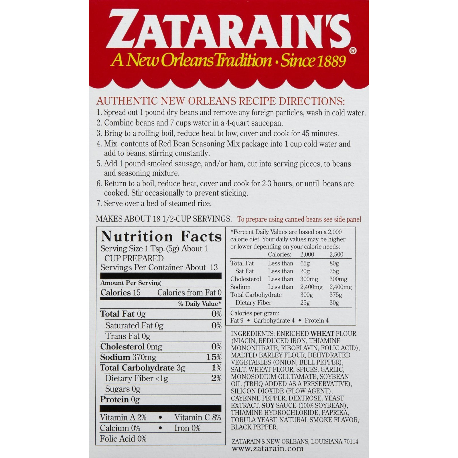 Zatarain's Red Bean Seasoning Mix - 2.4 Oz