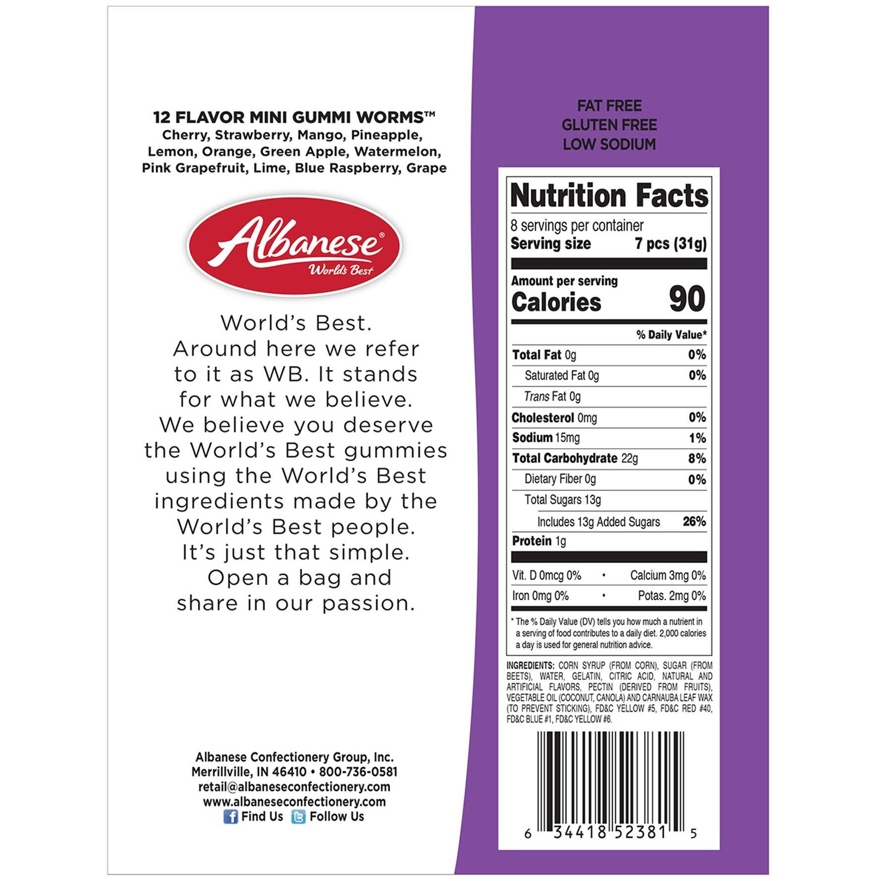 Albanese World's Best 12 Flavor Mini Gummi Worms, 9 Ounce Bag