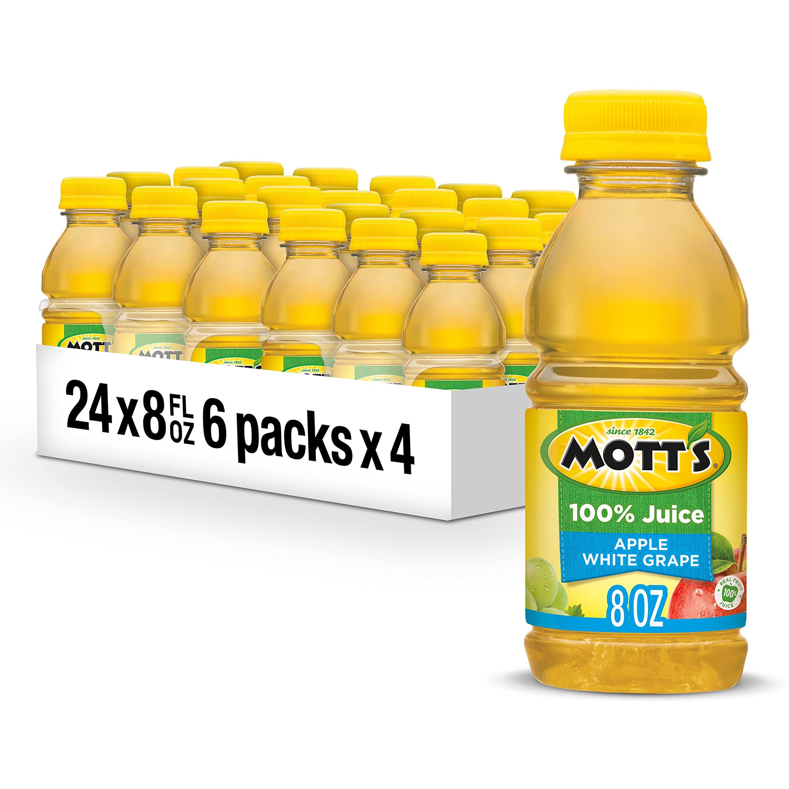 Mott's 100% Apple White Grape Juice, 8 Fl Oz Bottles, 24 Count (4 Packs Of 6), No Added Sugar, Excellent Source Of Vitamin C, 2 Servings Of Fruit Per Bottle, Gluten & Caffeine Free, On-The-Go