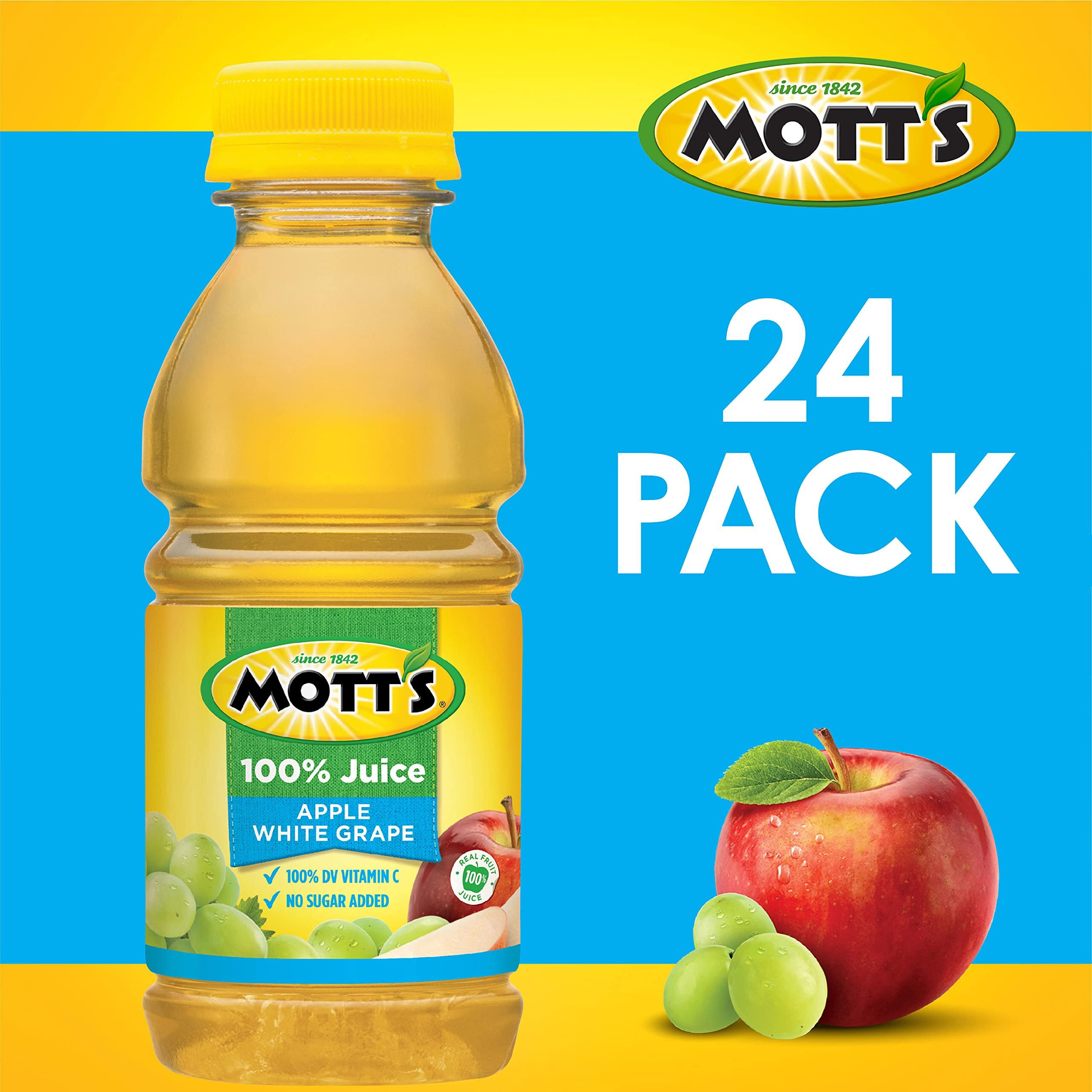 Mott's 100% Apple White Grape Juice, 8 Fl Oz Bottles, 24 Count (4 Packs Of 6), No Added Sugar, Excellent Source Of Vitamin C, 2 Servings Of Fruit Per Bottle, Gluten & Caffeine Free, On-The-Go