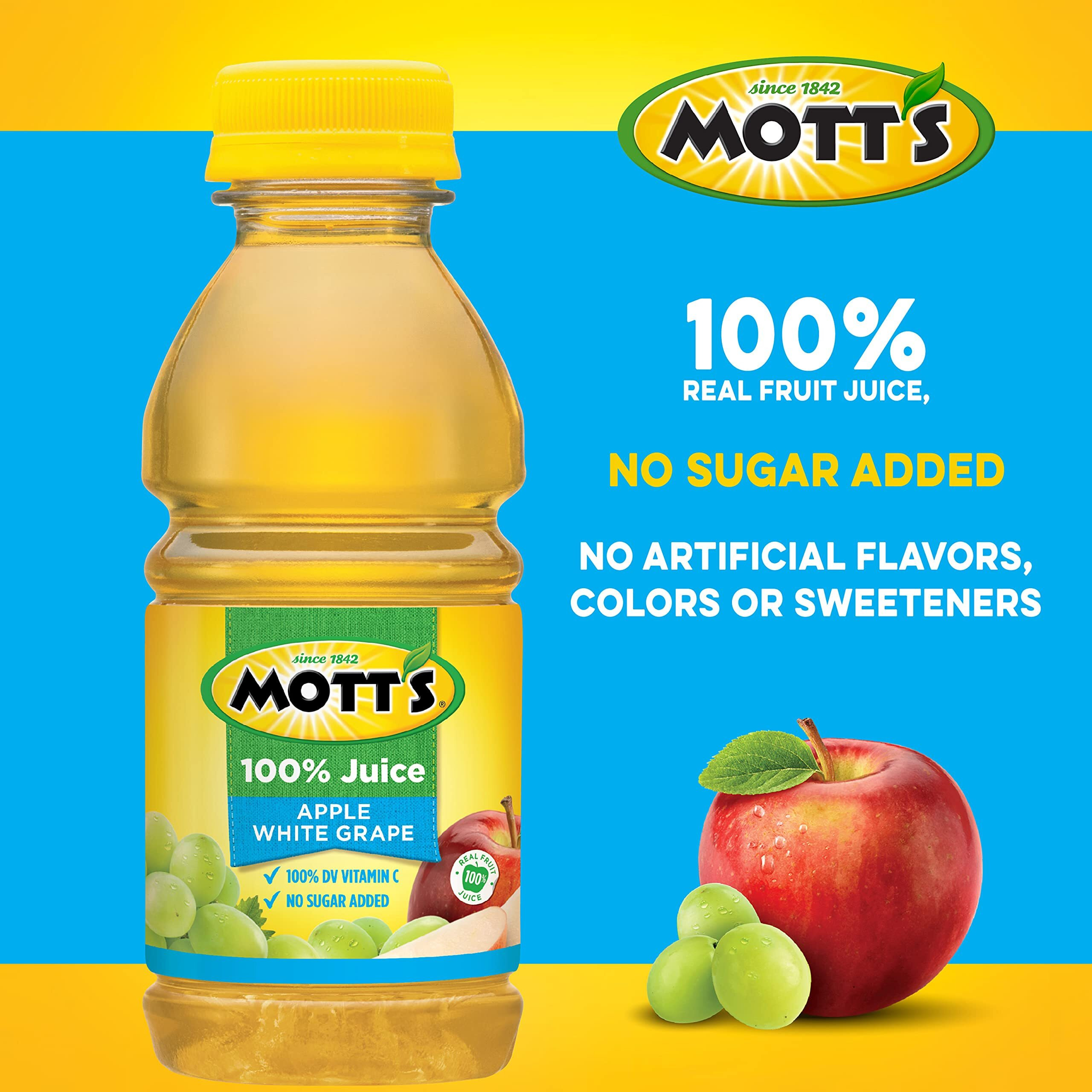 Mott's 100% Apple White Grape Juice, 8 Fl Oz Bottles, 24 Count (4 Packs Of 6), No Added Sugar, Excellent Source Of Vitamin C, 2 Servings Of Fruit Per Bottle, Gluten & Caffeine Free, On-The-Go