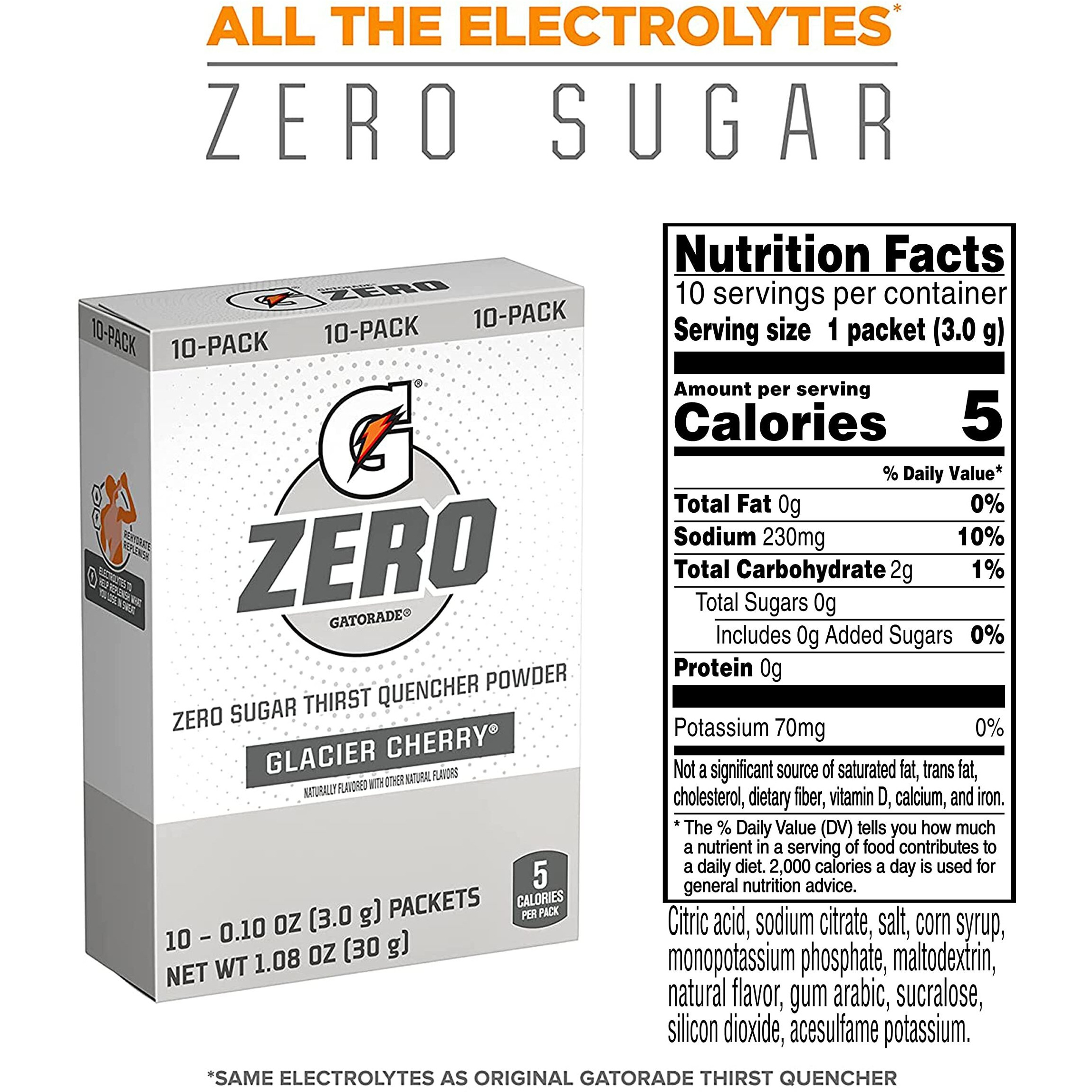 Gatorade G Zero Powder, Glacier Cherry , 10 Count (Pack Of 12)