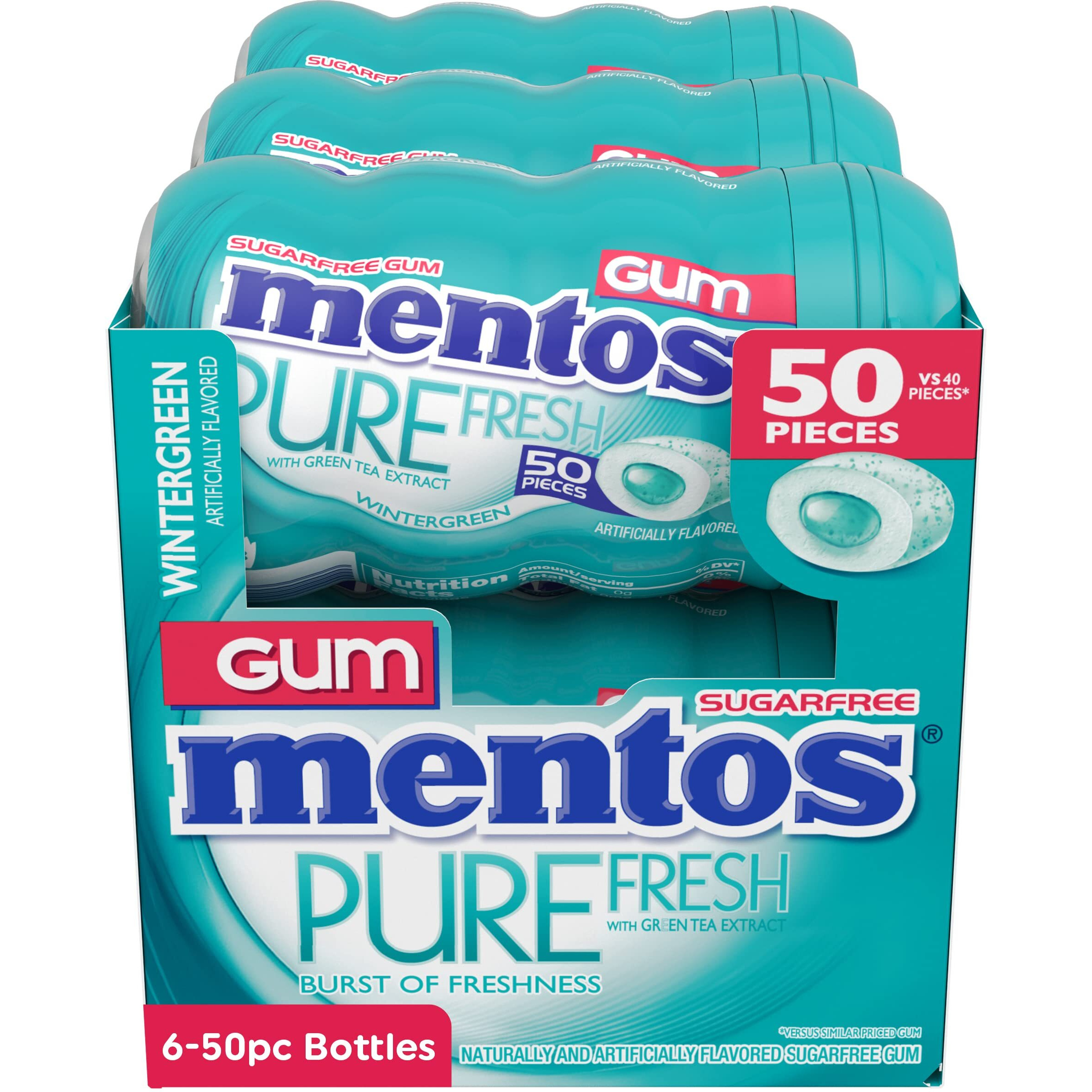 Mentos Pure Fresh Sugar-Free Chewing Gum With Xylitol, Wintergreen, Bulk, 50 Count ( Pack Of 6)