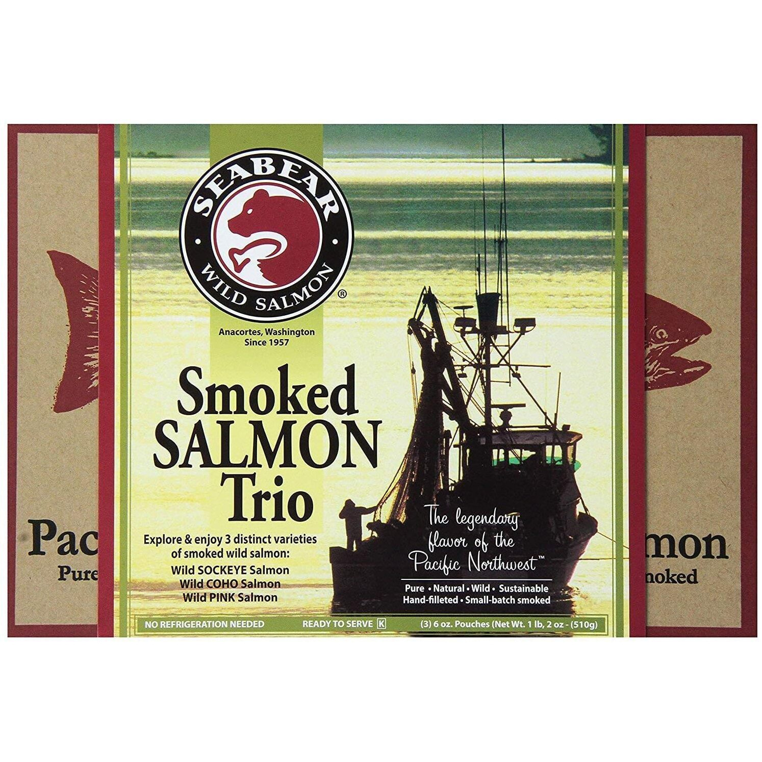 Seabear - Premium Wild Alaskan Smoked Sockeye, Coho, And Pink Salmon Trio - 18Oz Box
